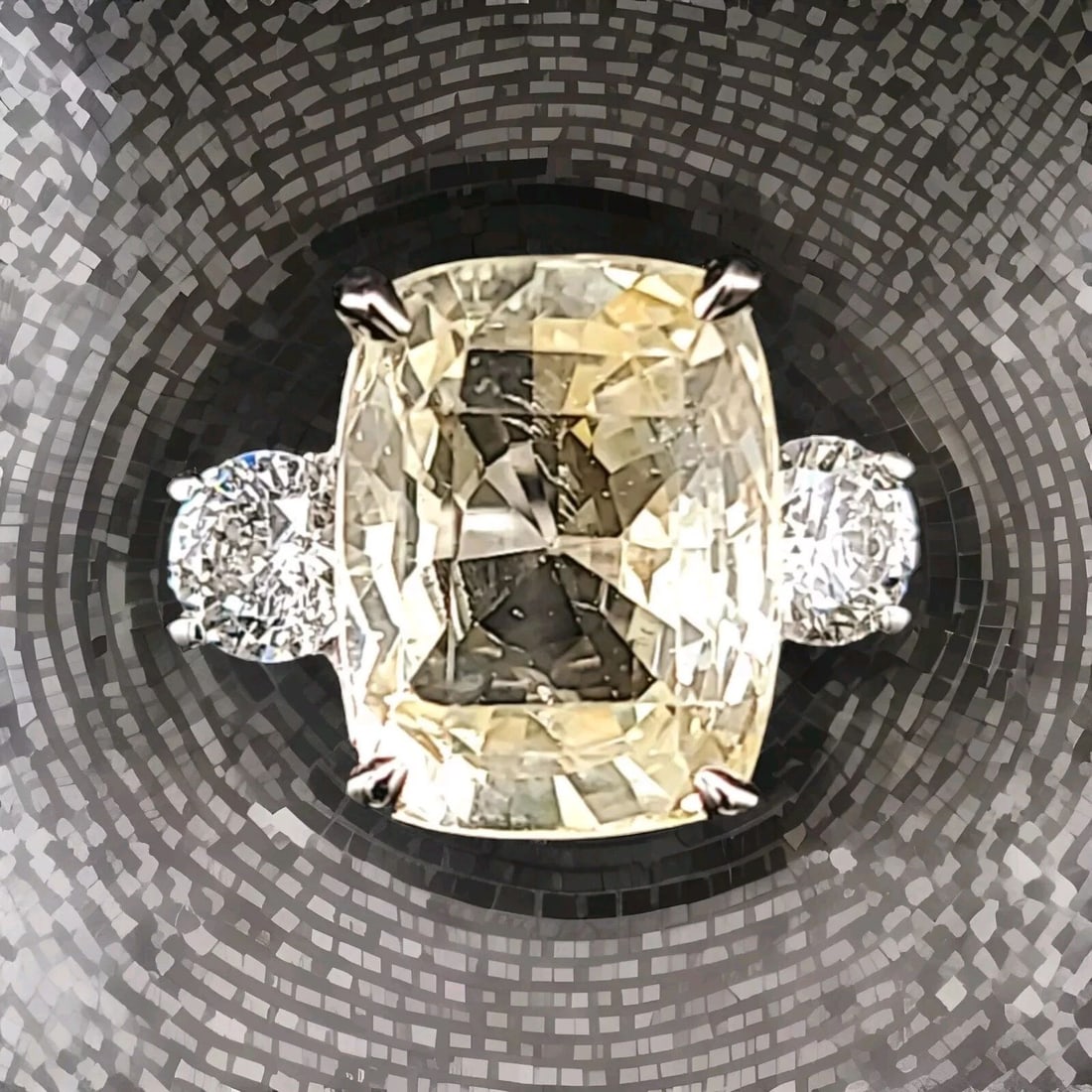 14K WHITE GOLD ENGAGEMENT RING 9.88CT.NATURAL YELLOW CUSHION SAPPHIRE GIA CERT: 14K WHITE GOLD ENGAGEMENT RING 9.88CT.NATURAL YELLOW CUSHION SAPPHIRE GIA CERT Here is an outstanding natural yellow sapphire engagement ring, the beautiful three-stone yellow sapphire design gives th