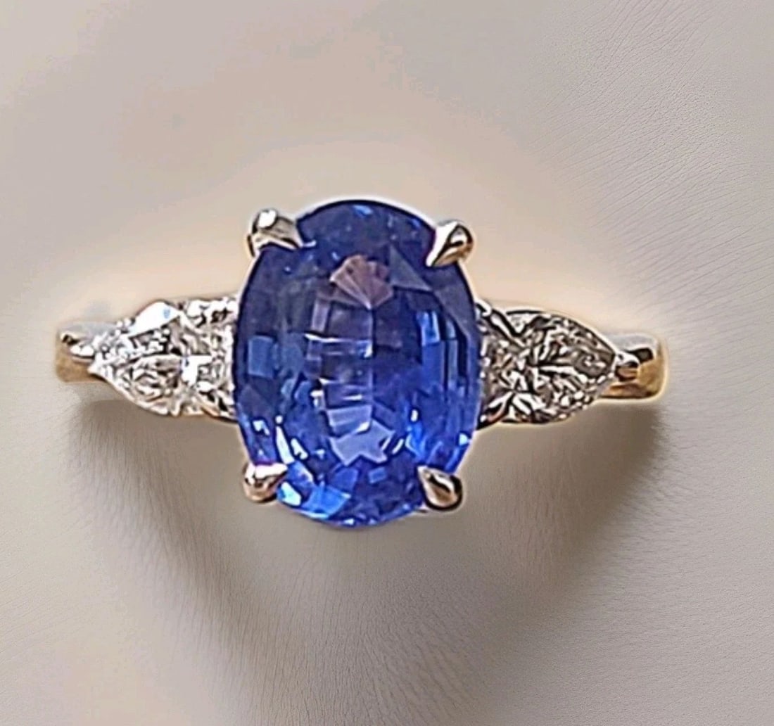 14K WHITE GOLD ENGAGEMENT RING 3.03CT. NATURAL UNTREATED BLUE SAPPHIRE OVAL GIA (1 of 2)