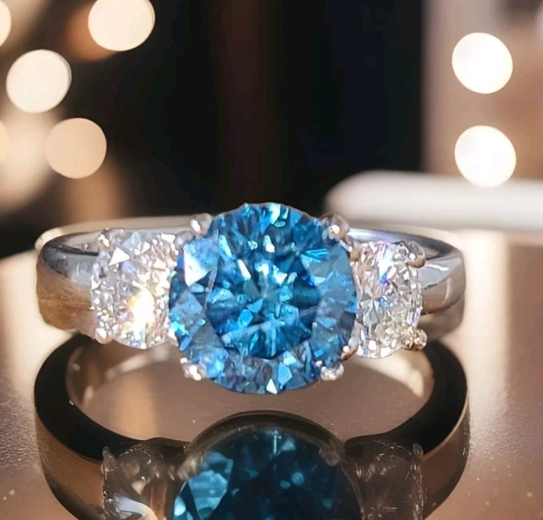 2.57CT. 14K WHITE GOLD VINTAGE ENGAGEMENT RING NATURAL ROUND BLUE DIAMOND: 2.57CT. 14K WHITE GOLD VINTAGE ENGAGEMENT RING NATURAL ROUND BLUE DIAMOND Gorgeous vintage 14k white gold Engagement three stone ring center natural treated blue round Diamond weight 1.79ct.SIZE 7.5mm