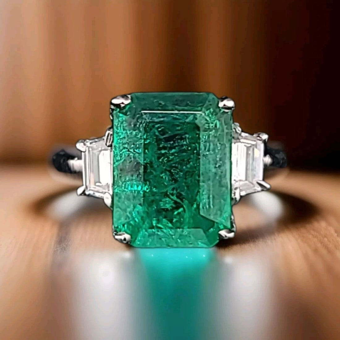 PLATINUM ENGAGEMENT THREE STONES RING 3.72CT. NATURAL GREEN COLOMBIA EMERALD: PLATINUM ENGAGEMENT THREE STONES RING 3.72CT. NATURAL GREEN COLOMBIA EMERALD Gorgeous platinum Colombia green emerald ring center gem Colombia emerald in emerald cut weight 3.72ct. C.D. Switzerland ce