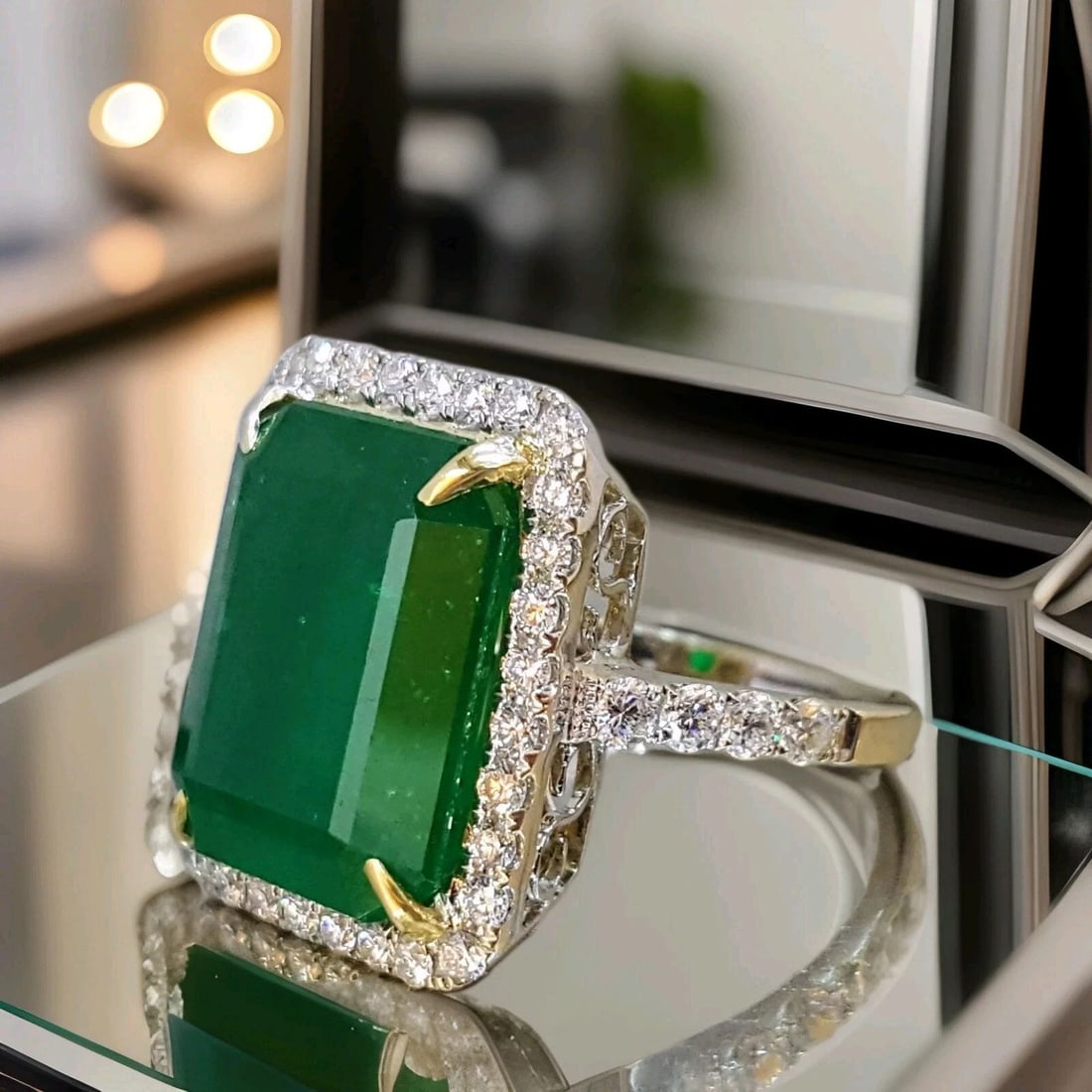 18K GOLD ENGAGEMENT RING 9.16CT. NATURAL GREEN EMERALD: GORGEOUS 18K WHITE GOLD RING 10.16CT. NATURAL GREEN EMERALD GORGEOUS 18K WHITE GOLD natural green emerald in Emerald shape weight 9.18ct. size 15.5X12mm very nice rich green color nice luster very liv