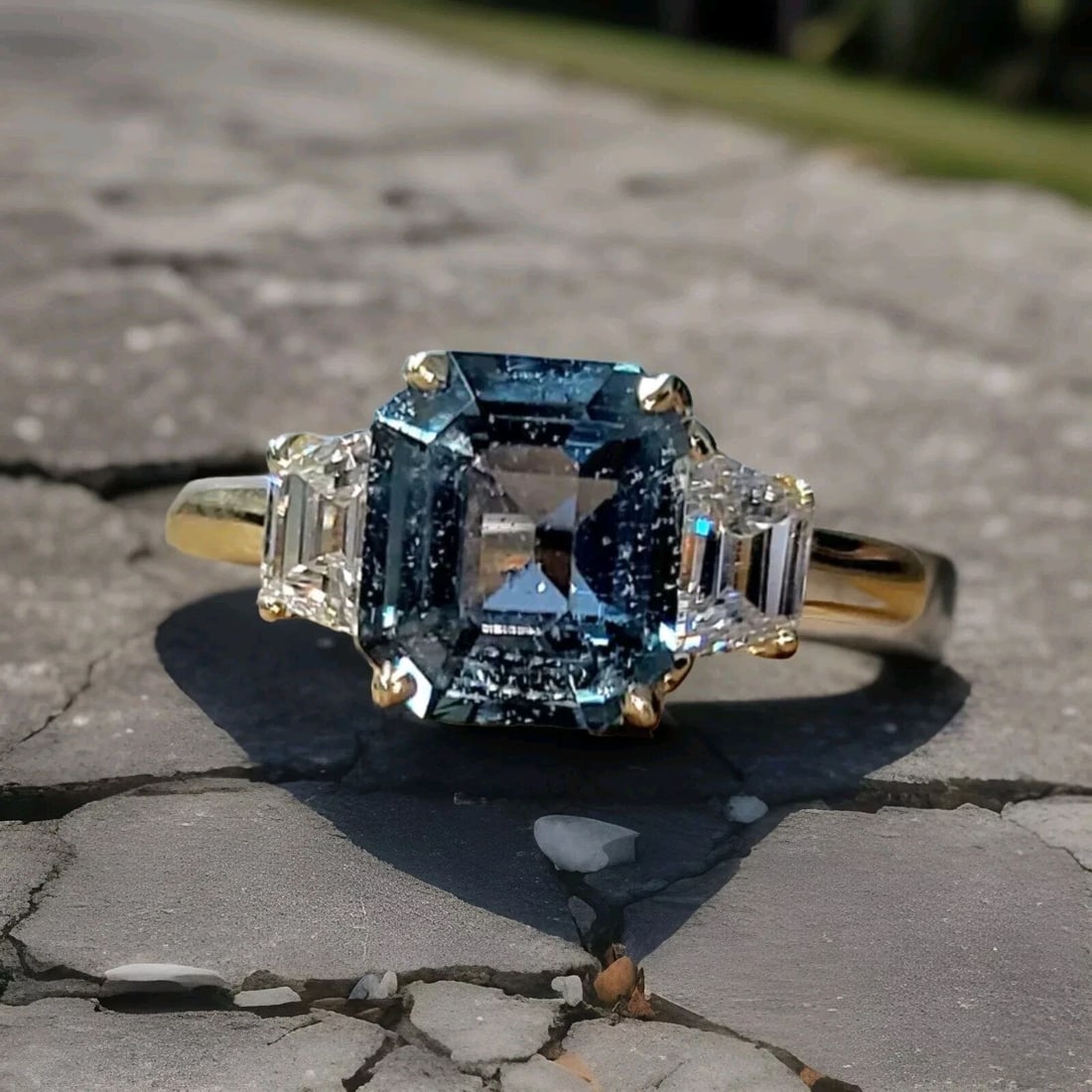 14K YELLOW GOLD ENGAGEMENT RING 2.59CT.UNTREATED TEAL BLUE SAPPHIRE GIA CERT: 14K YELLOW GOLD ENGAGEMENT RING 2.59CT.UNTREATED TEAL BLUE SAPPHIRE GIA CERT This stunning engagement ring features a radiant cut teal blue sapphire as the main stone, with two additional diamonds on