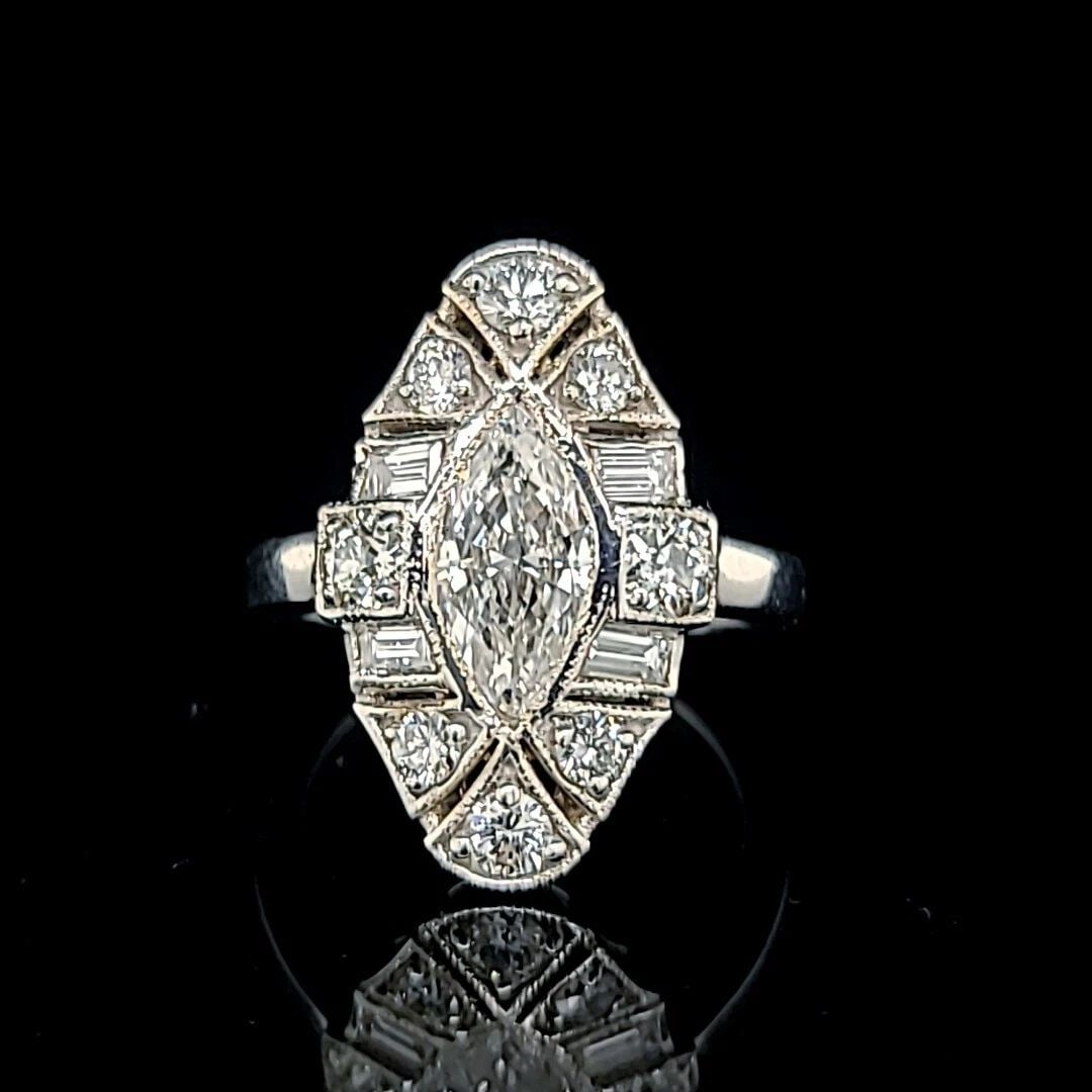 VINTAGE 14K WHITE GOLD ENGAGEMENT RING 2.72CT. NATURAL MARQUISE DIAMOND VS1-H: VINTAGE 14K WHITE GOLD ENGAGEMENT RING 2.72CT. NATURAL MARQUISE DIAMOND VS1-H Gorgeous Vintage marquise Diamond in 14k white gold ring, center marquise cut natural diamond weight 1.04ct VS1-H side set