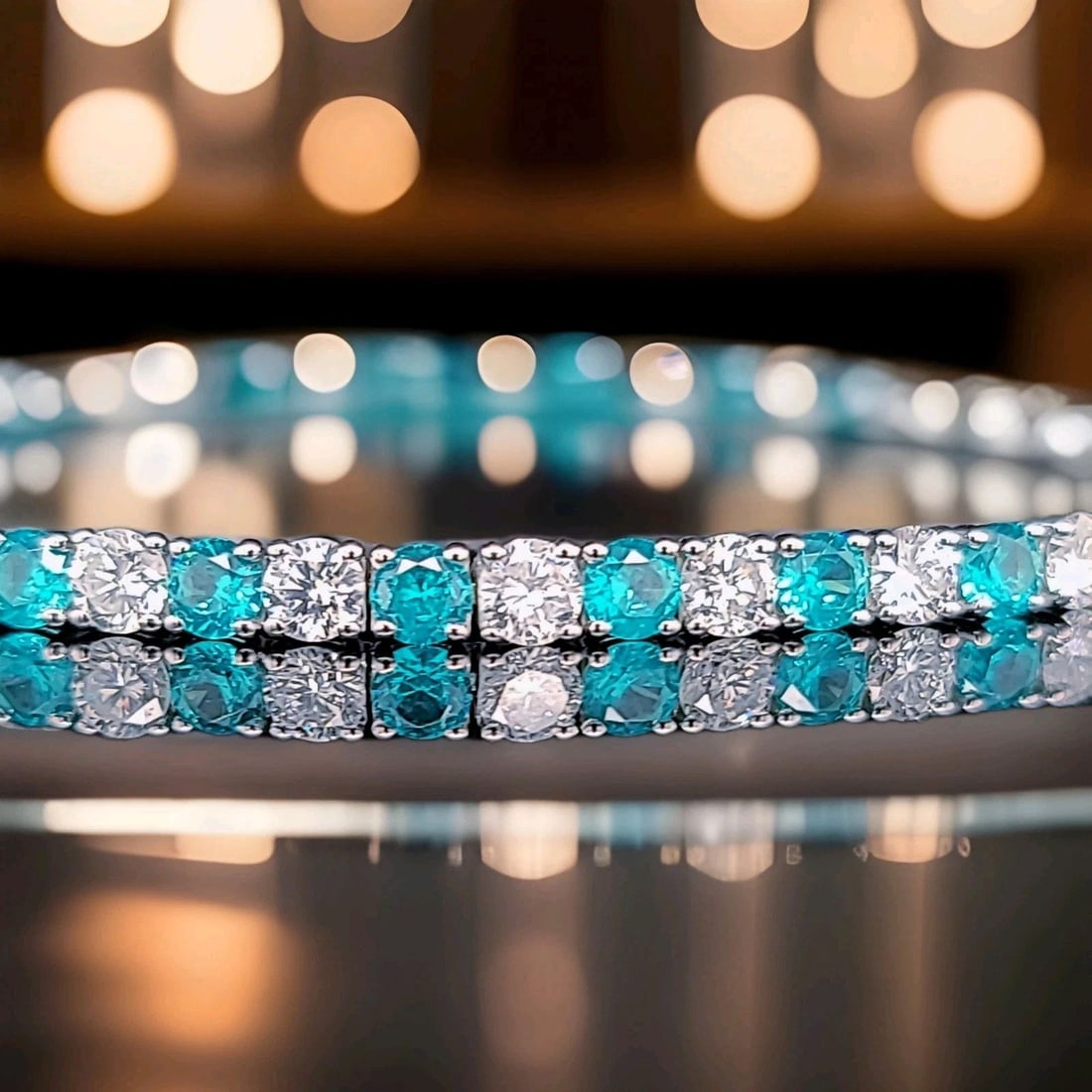 14K WHITE GOLD TENNIS BRACELET 11.69CT. BLUE NEON TOURMALINE NATURAL DIAMONDS: 14K WHITE GOLD TENNIS BRACELET 11.69CT. BLUE NEON TOURMALINE NATURAL DIAMONDS This 14k White Gold Tennis Bracelet features a total 11.69ct. Of diffused treatment Blue Neon Tourmaline and Natural Diamo