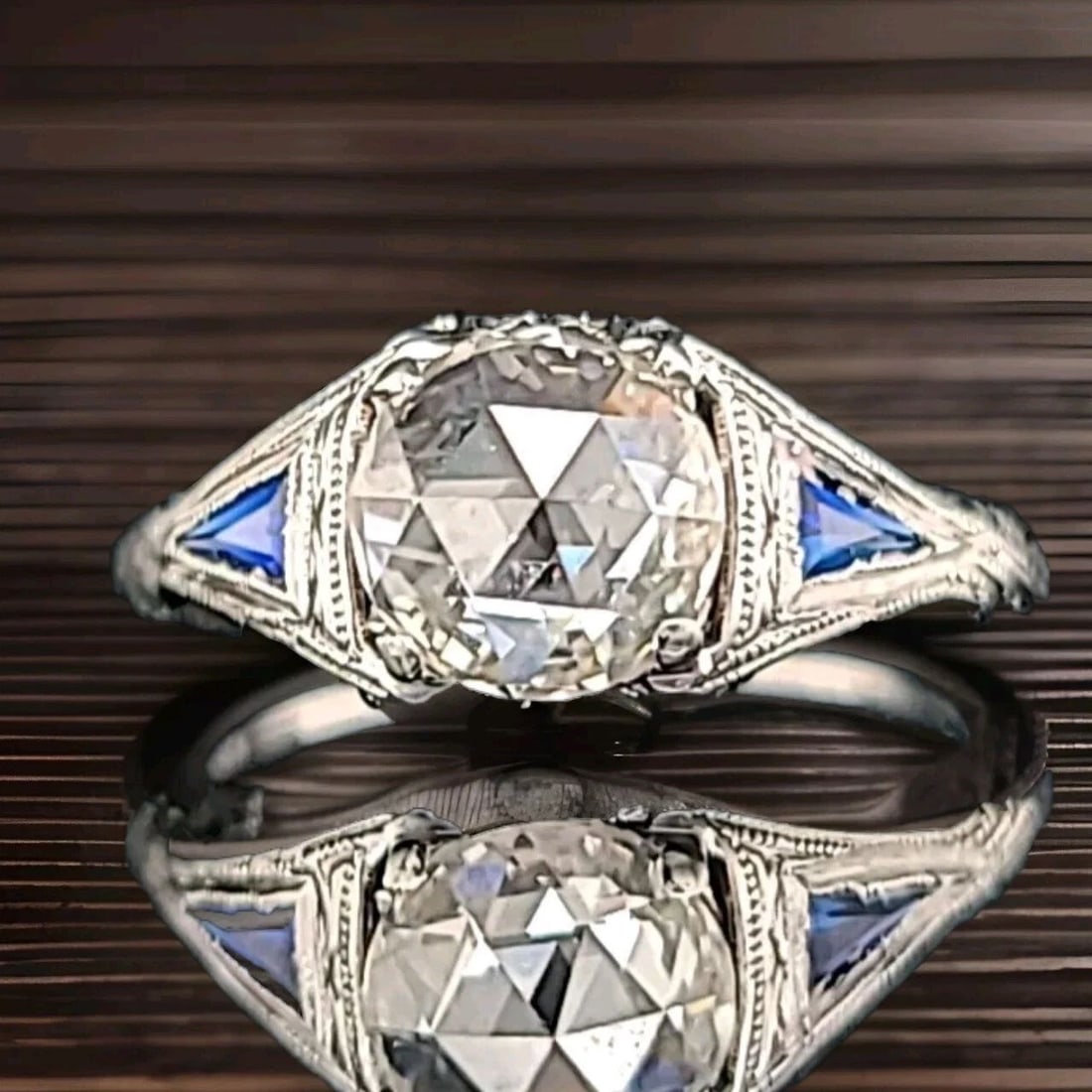 18K WHITE GOLD ART DECO ENGAGEMENT RING 1.14CT NATURAL ROSE CUT DIAMOND: 18K WHITE GOLD ART DECO ENGAGEMENT RING 1.14CT NATURAL ROSE CUT DIAMOND Gorgeous Vintage art deco filigree 18k white gold engagement ring circ 1920's center natural round rose cut diamond weight 1.14c