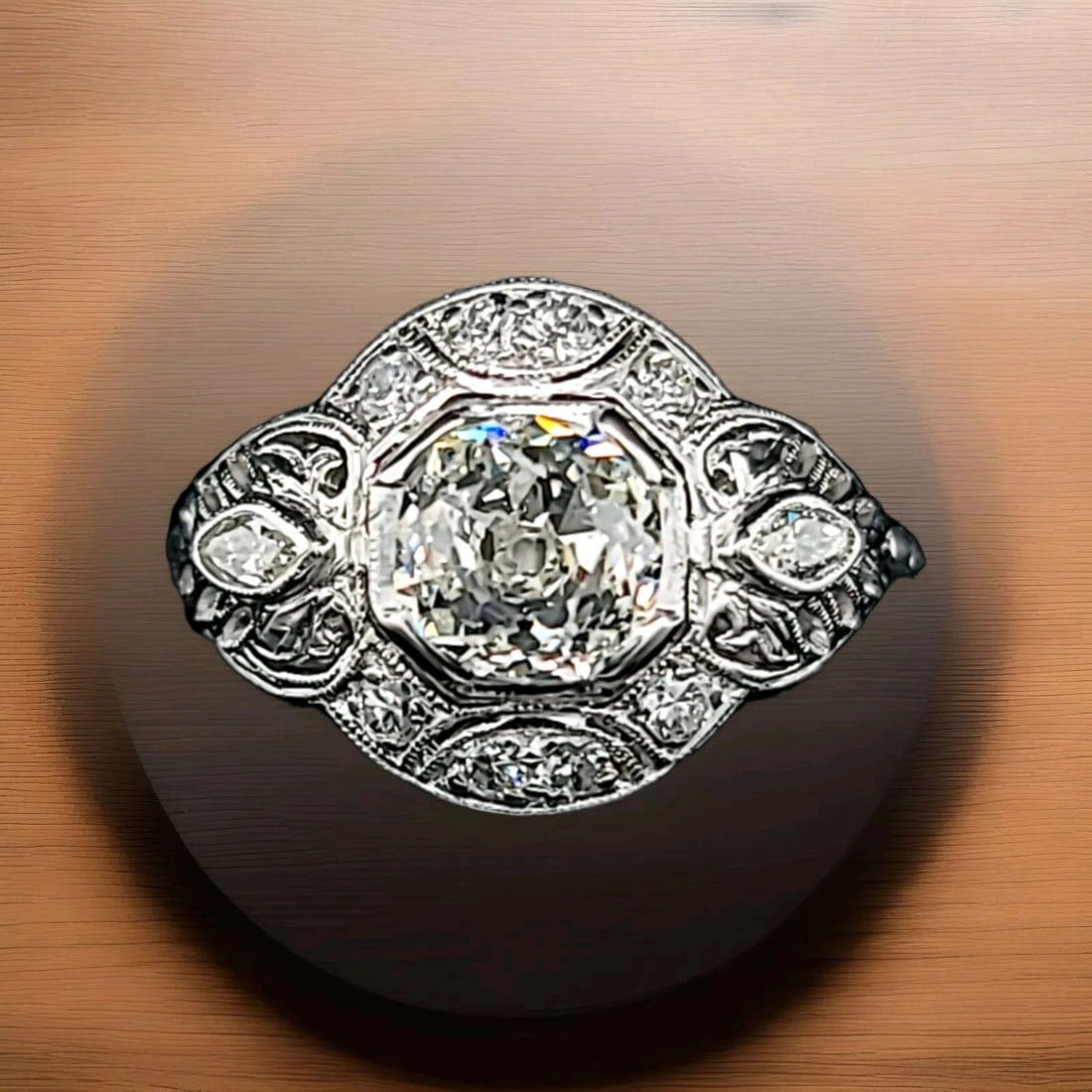 FILIGREE VINTAGE PLATINUM ENGAGEMENT RING 1.35CT. NATURAL OLD MINE CUT DIAMOND (1 of 2)