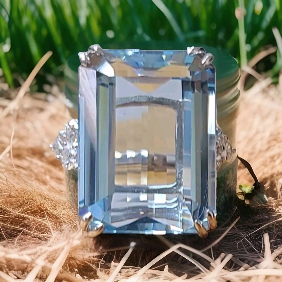 VINTAGE 14K WHITE GOLD ENGAGEMENT RING 25.29CT.NATURAL AQUAMARINE EMERALD SHAPE: VINTAGE 14K WHITE GOLD ENGAGEMENT RING 25.29CT.NATURAL AQUAMARINE EMERALD SHAPE This vintage 14k white gold engagement ring is a stunning piece with a beautiful natural aquamarine gemstone. The rectan
