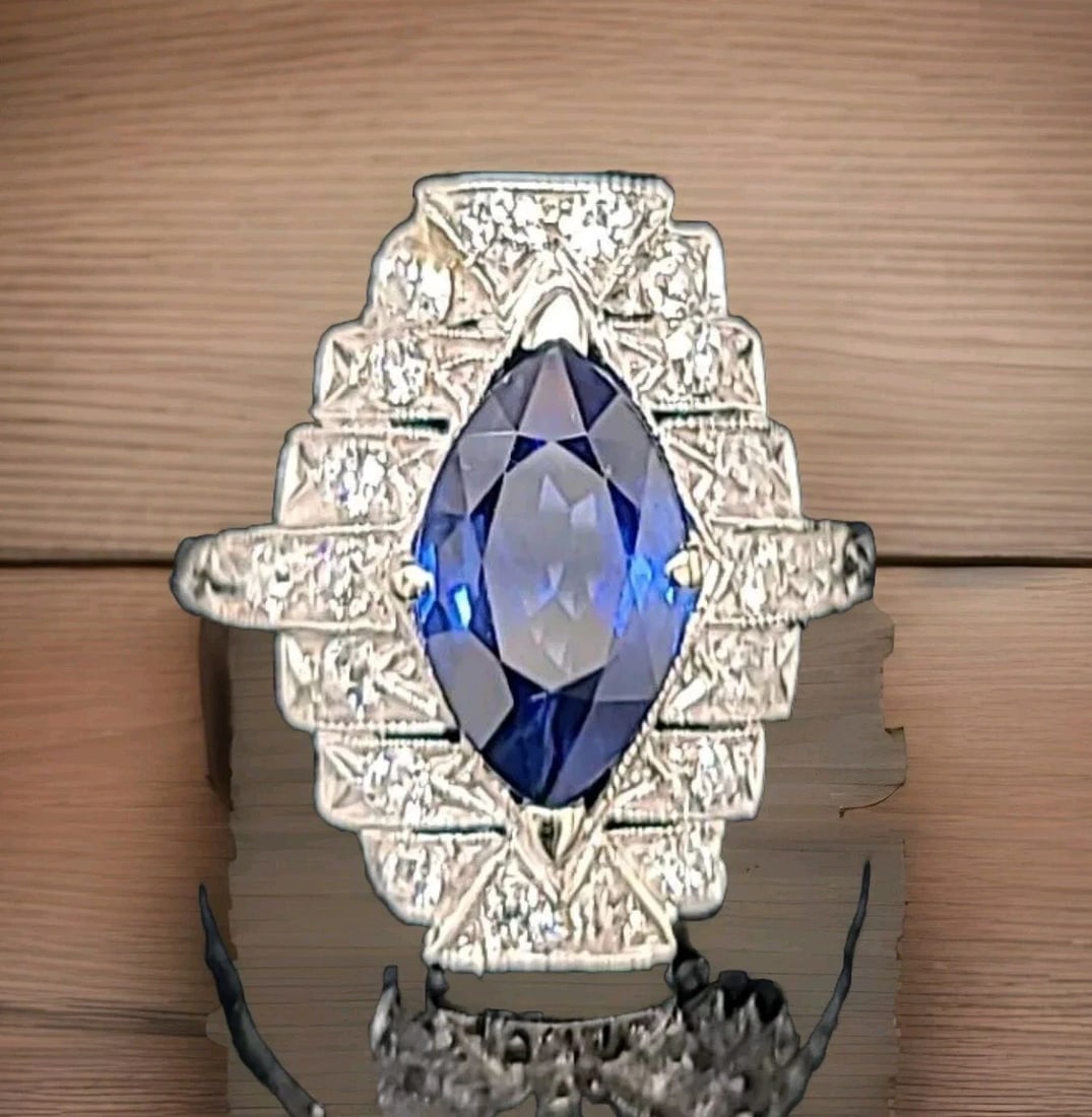 VINTAGE ART DECO 14K WHITE GOLD RING 3.74CT. NATURAL BLUE SAPPHIRE MARQUISE CUT (1 of 2)