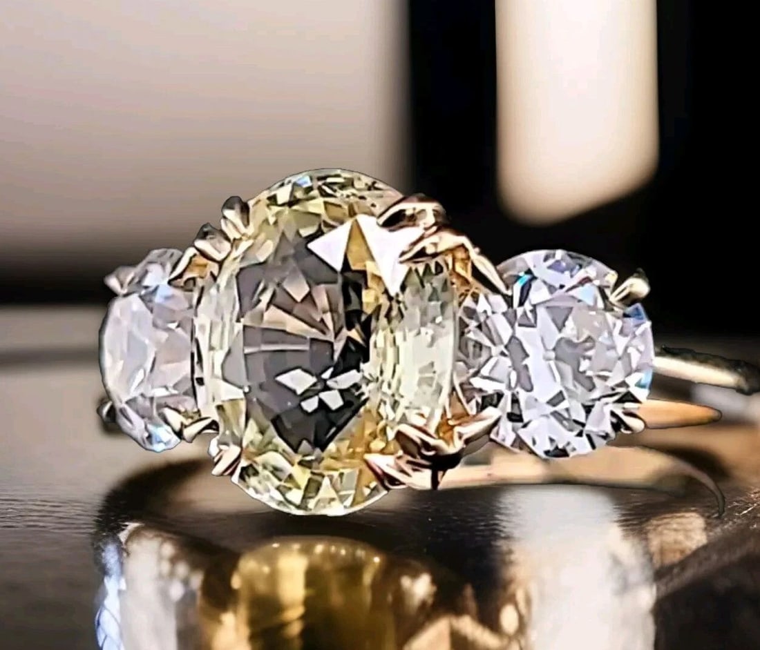 VINTAGE 14K YELLOW GOLD ENGAGEMENT RING 4.14CT NATURAL OVAL YELLOW SAPPHIRE GIA: VINTAGE 14K YELLOW GOLD ENGAGEMENT RING 4.14CT NATURAL OVAL YELLOW SAPPHIRE GIA This stunning vintage engagement ring features a beautiful oval-shaped yellow sapphire as the main stone, with a total c