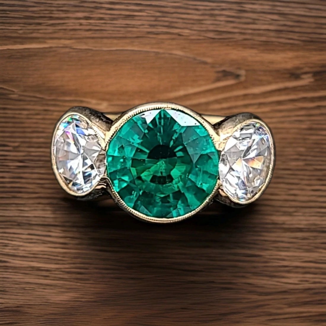 VINTAGE 18K YELLOW GOLD ENGAGEMENT RING 4.63CT. LAB GROWN ROUND GREEN EMERALD: VINTAGE 18K YELLOW GOLD ENGAGEMENT RING 4.63CT. GEM ROUND GREEN EMERALD Gorgeous vintage 18K yellow gold engagement three stones ring Gem green Colombia emerald. Center set lab-grown green Colombia em