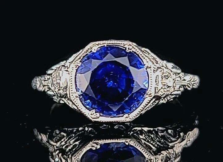 PLATINUM VINTAGE ART DECO ENGAGEMENT RING 2.35CT. GEM BLUE SAPPHIRE ROUND SHAPE: PLATINUM VINTAGE ART DECO ENGAGEMENT RING 2.35CT. GEM BLUE SAPPHIRE ROUND SHAPE Stunning Gorgeous PLATINUM Vintage Art Deco engagement natural blue sapphire ring center natural diffused blue sapphire
