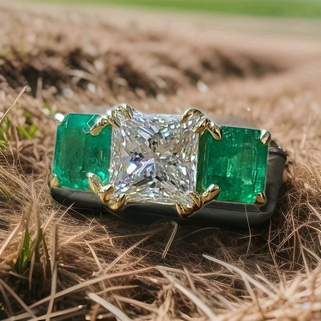 14K YELLOW GOLD ENGAGEMENT THREE STONE RING 4.23CT.NATURAL COLOMBIA EMERALD: Gorgeous 14k yellow gold three-stone Engagement ring. Center set lab-grown diamond in princess cut IGI cert laboratory, weight 2.05ct. F-VS1 Size 7.1mmx7.1mm Excellent cut, very lively sparkly brillia