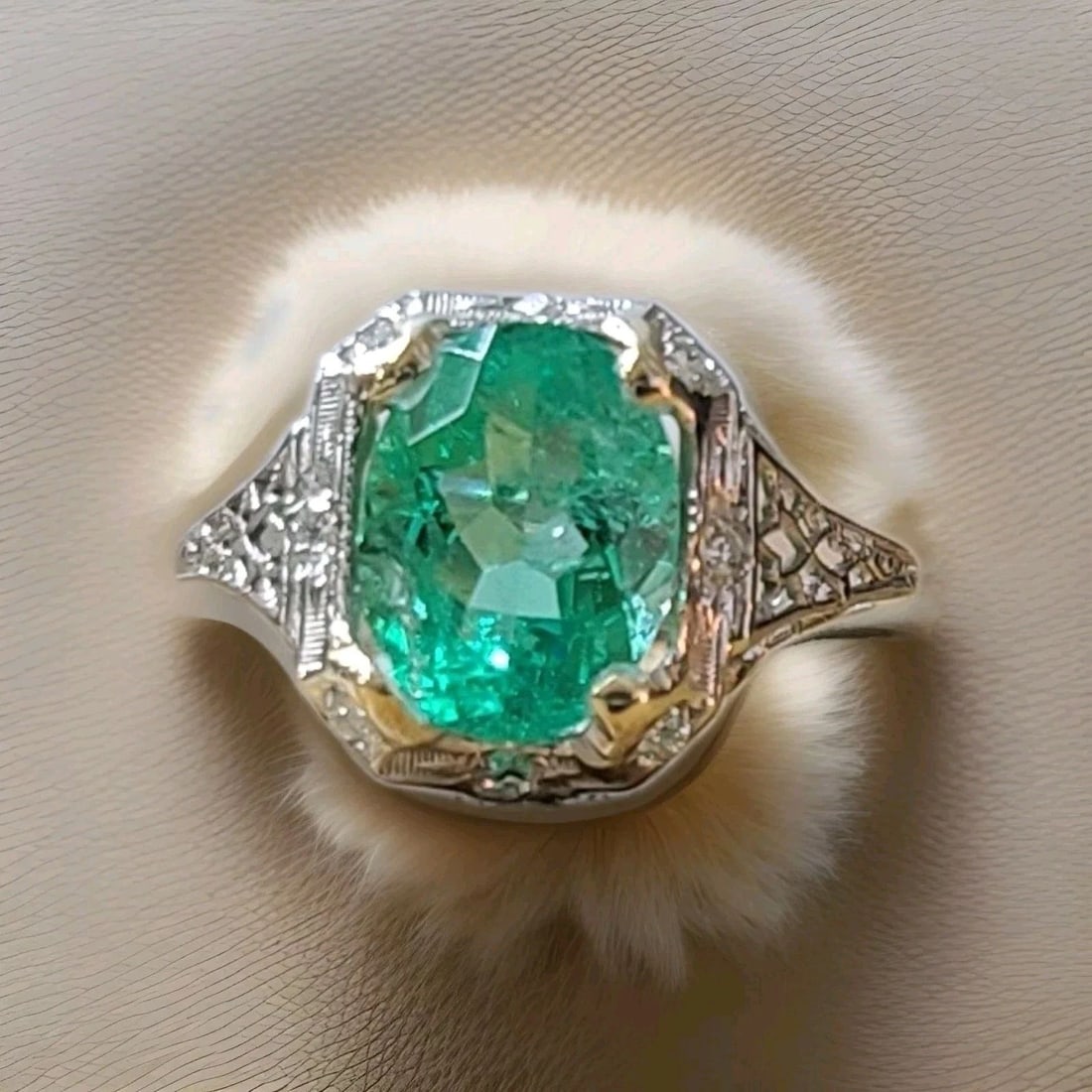 18K WHITE GOLD VINTAGE ENGAGEMENT RING 2.79CT.NATURAL COLOMBIA EMERALD OVAL GIA: 18K WHITE GOLD VINTAGE FILIGREE ENGAGEMENT RING 3.56CT.NATURAL GREEN EMERALD Gorgeous 18k white gold Engagement ring filigree art deco natural green emerald circ 1920's center set natural oil excell t