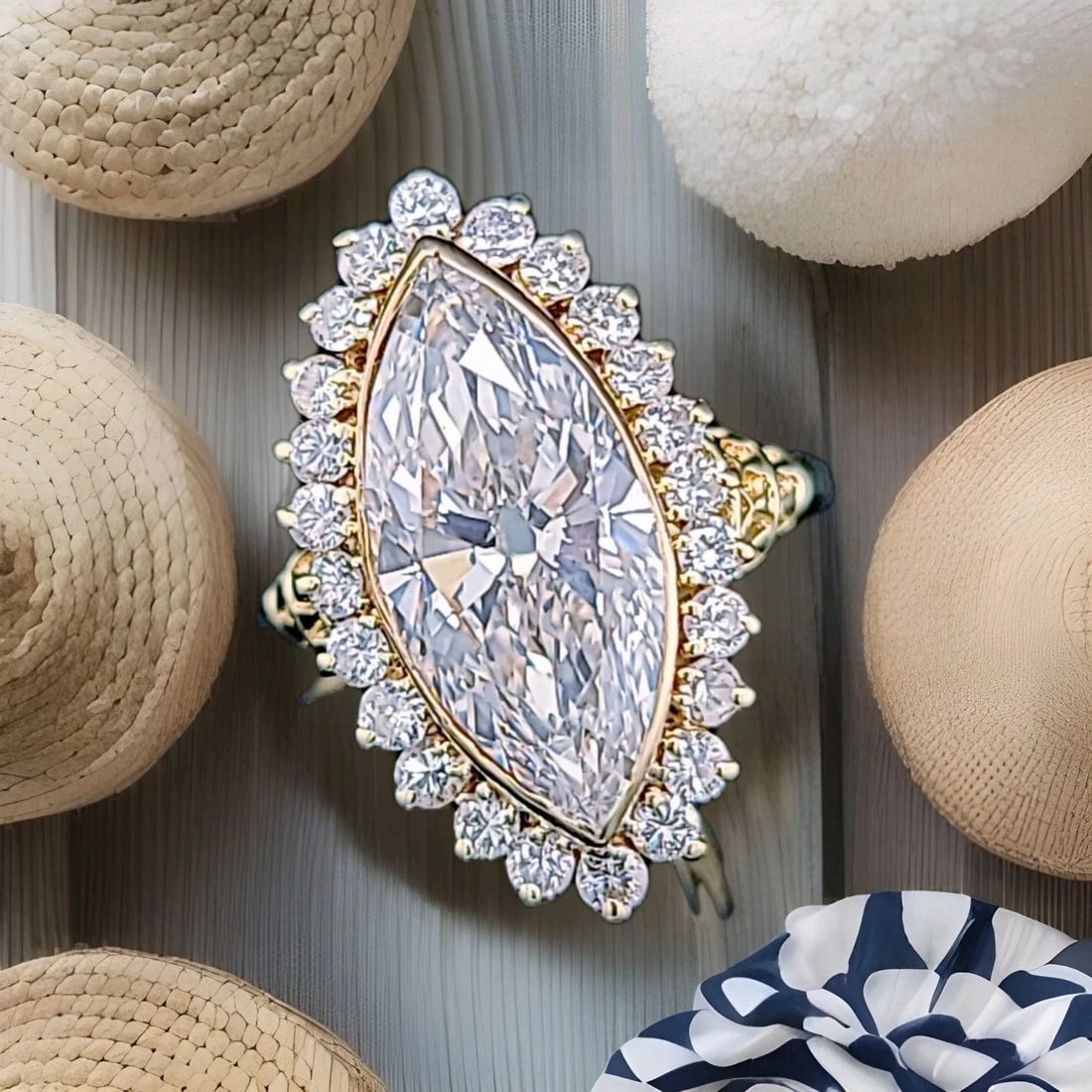 VINTAGE 18K YELLOW GOLD ENGAGEMENT RING 5.06CT.LAB-GROWN MARQUISE EURO DIAMOND: VINTAGE 18K YELLOW GOLD ENGAGEMENT RING 5.06CT.LAB-GROWN MARQUISE EURO DIAMOND This Vintage 18k Yellow Gold Engagement Ring features a stunning 5.06ct Lab-Grown Marquise Euro Diamond as the main stone