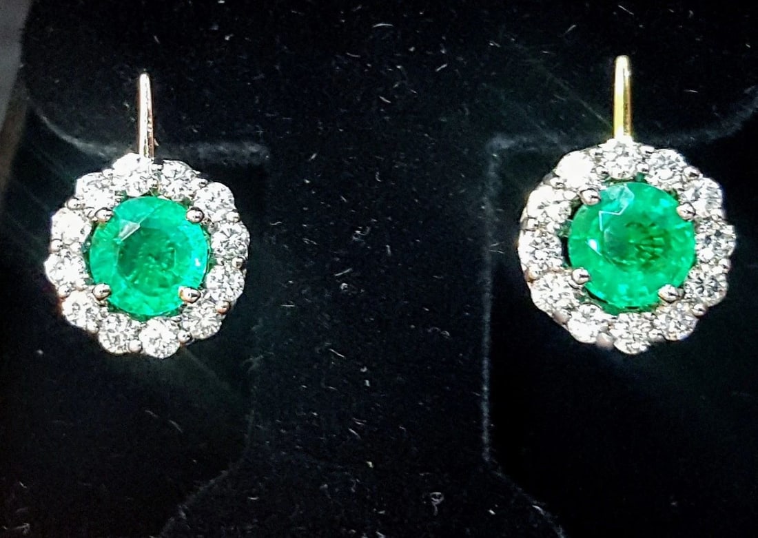 14K WHITE YELLOW GOLD GEMSTONE GREEN EMERALD EARRINGS 4.04CT ROUND SHAPE (1 of 2)