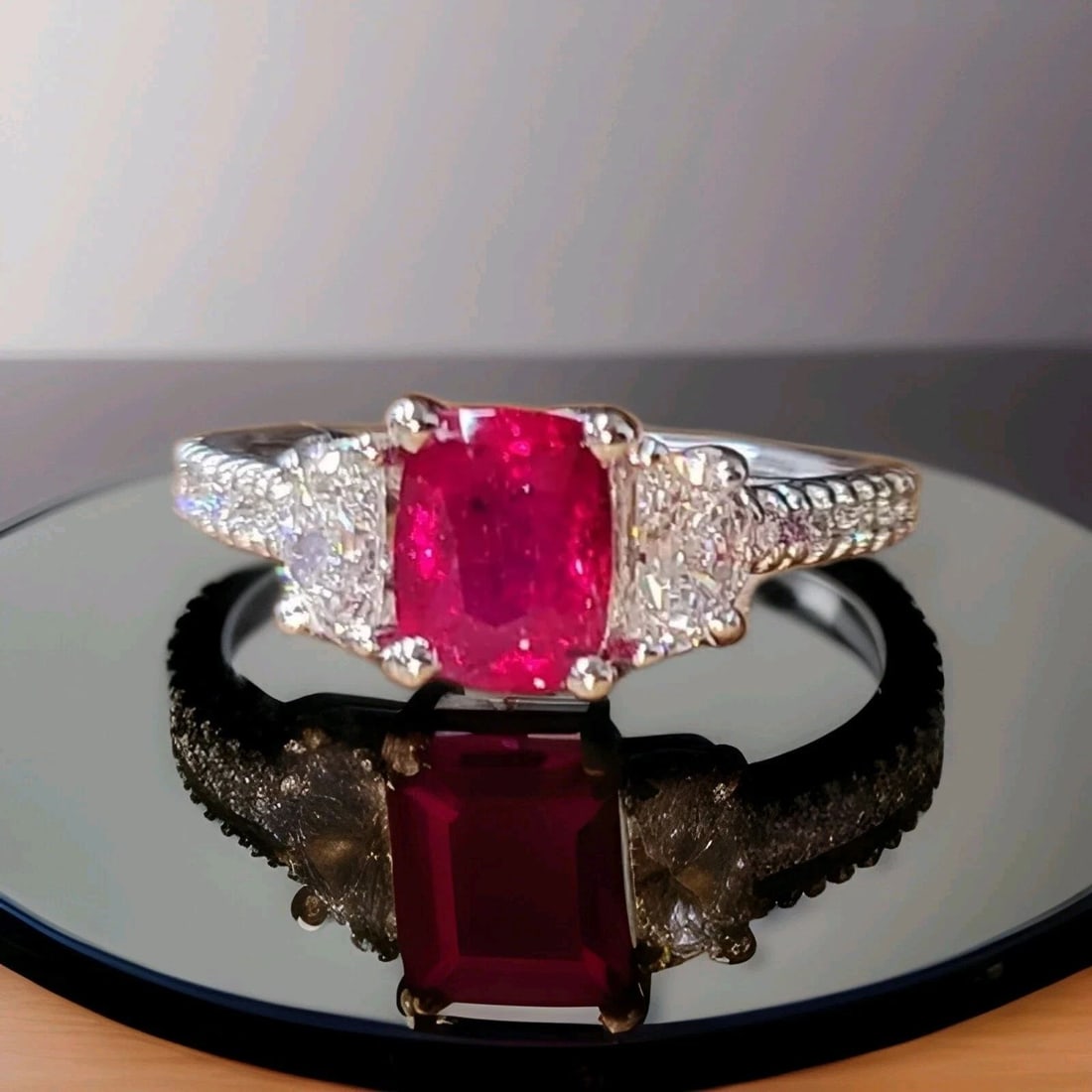 14K WHITE GOLD ENGAGEMENT RING 1.43CT NATURAL UNTREATED RUBY CUSHION GIA CERT: 14K WHITE GOLD ENGAGEMENT RING 1.43CT NATURAL UNTREATED RUBY CUSHION GIA CERT Gorgeous 14k white gold engagement ruby ring GIA cert. center natural ruby cushion shape weight 1.43ct.Size 7.3x5.4mm This