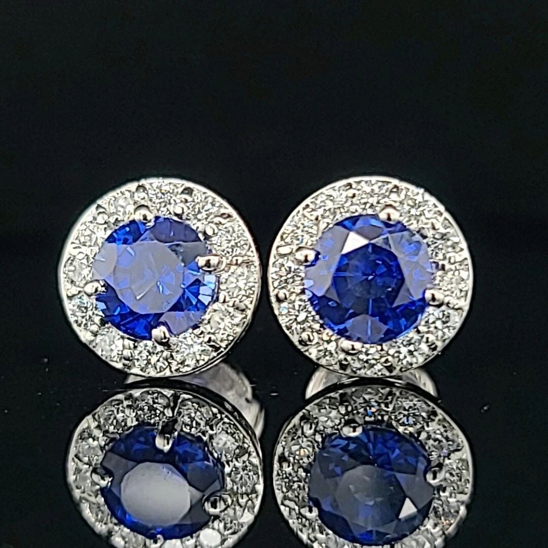14K WHITE GOLD 4.02CT. GEM ROUND BLUE SAPPHIRE STUDS HOLLOW EARRINGS (1 of 2)