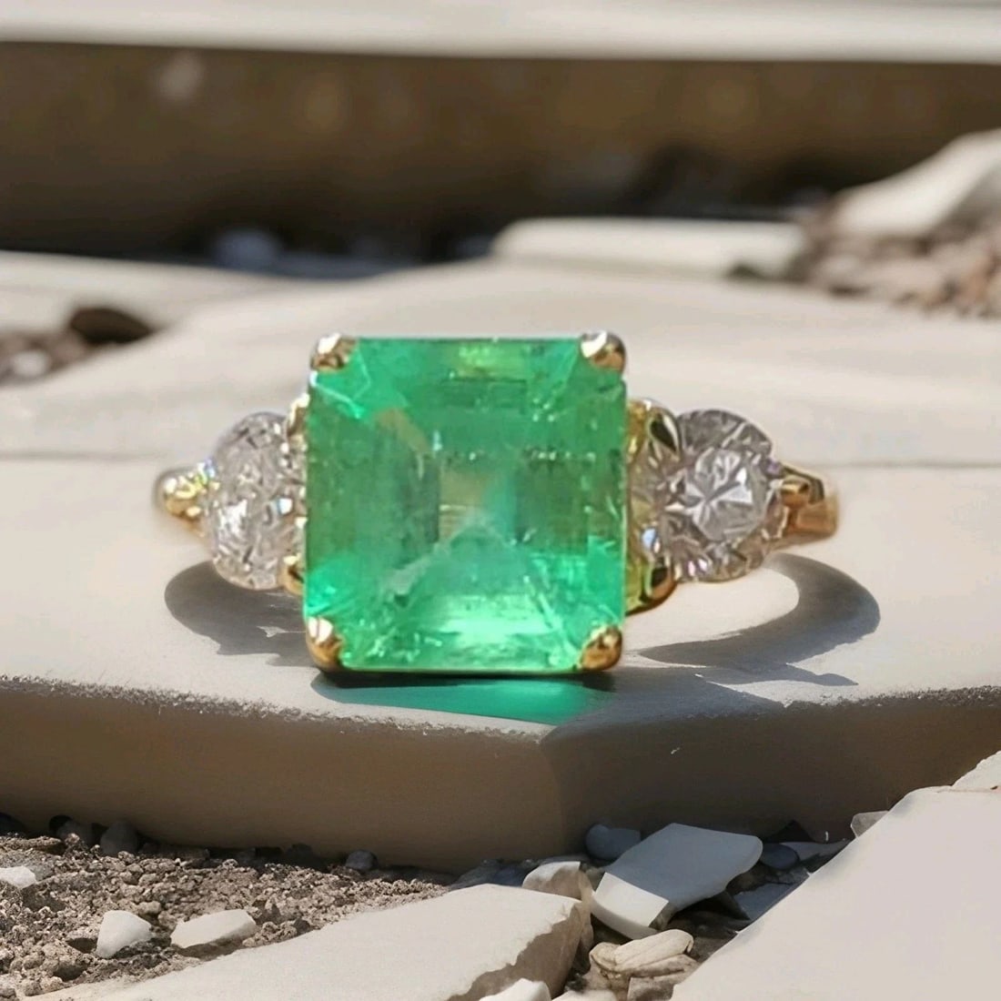 VINTAGE 14K YELLOW GOLD ENGAGEMENT RING 3.39CT. NATURAL GREEN COLOMBIA EMERALD: VINTAGE 14K YELLOW GOLD ENGAGEMENT RING 3.01CT. NATURAL GREEN COLOMBIA EMERALD Gorgeous Vintage 14k yellow gold green natural Colombia emerald engagement ring center natural emerald weight 3.01ct. Siz