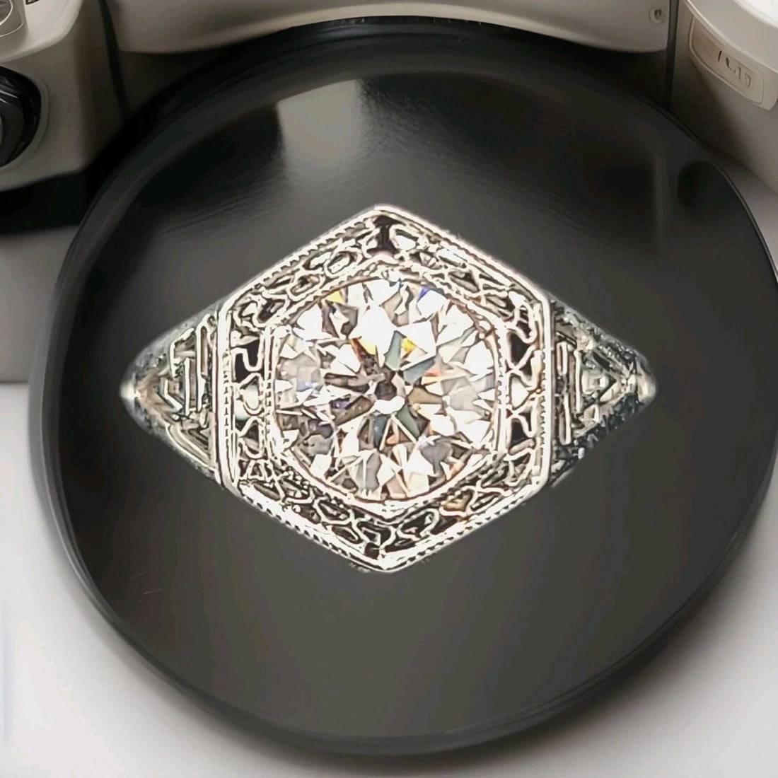 14K WHITE GOLD FILIGREE ENGAGEMENT RING 1.26CT.NATURAL CHAMPAGNE ROUND DIAMOND: 1.26CT 14K WHITE GOLD FILIGREE ENGAGEMENT RING NATURAL CHAMPAGNE ROUND DIAMOND Stunning Art Deco filigree round euro cut natural light champagne Diamond 14k white gold engagement ring circ 1920's cent