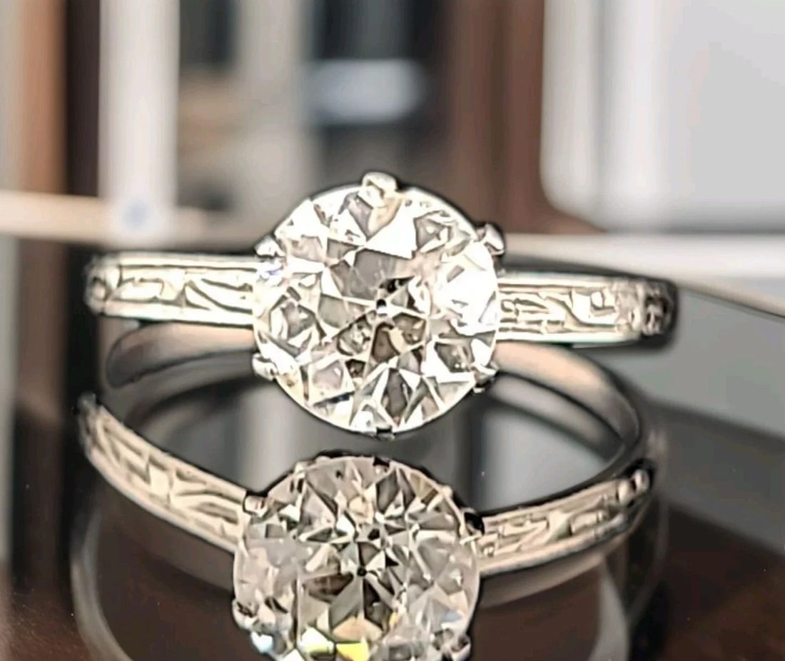 PLATINUM VINTAGE ENGAGEMENT RING 1.22CT. NATURAL ROUND OLD EURO CUT DIAMOND: 1.22CT PLATINUM VINTAGE ROUND OLD EURO CUT DIAMOND ENGAGEMENT RING SI-H Vintage filigree platinum engagement ring center natural euro cut round shape diamond weight 1.22ct SI-H SIZE 6.6mm bright white
