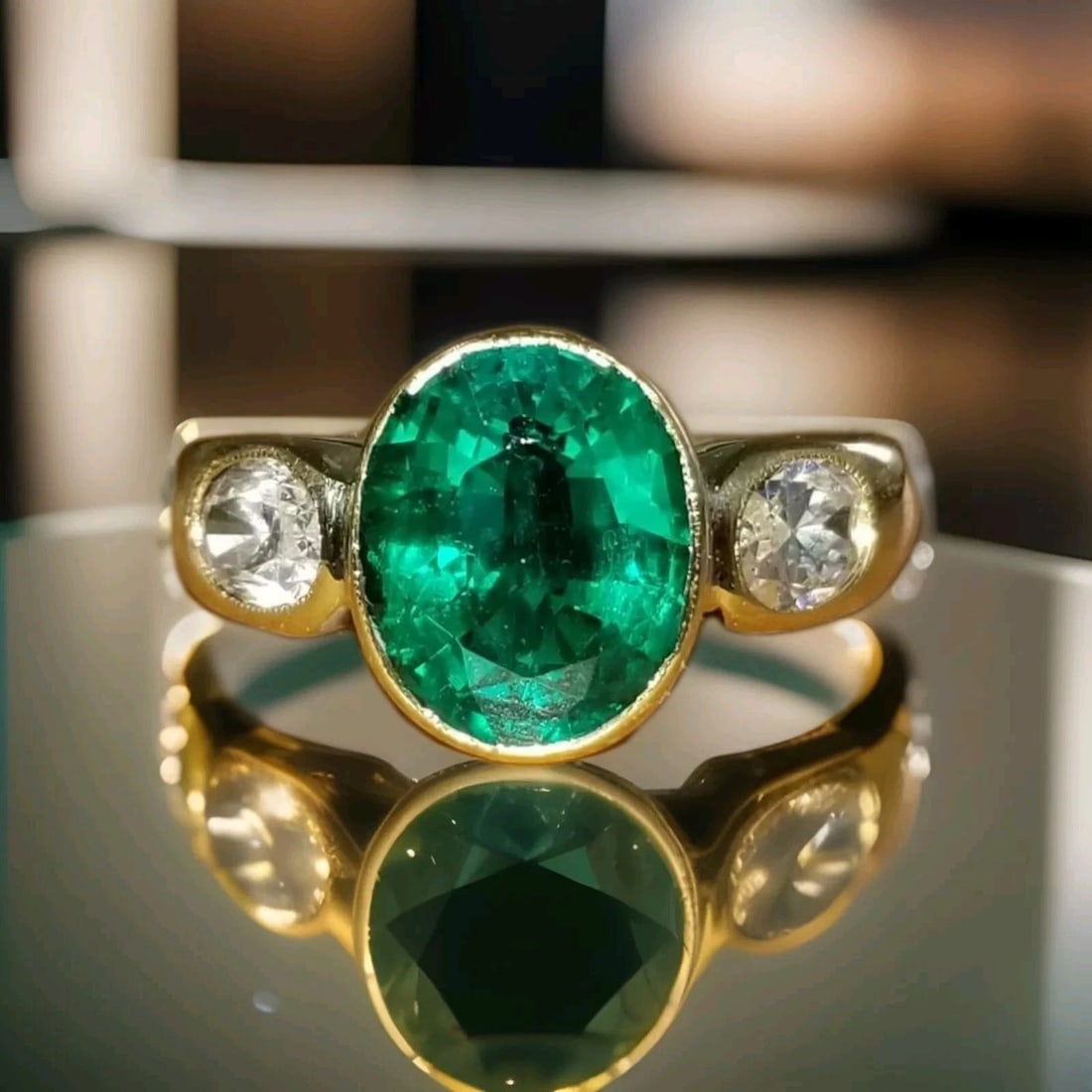 VINTAGE 18K YELLOW GOLD ENGAGEMENT RING 3.14CT. GREEN EMERALD GEMSTONE OVAL CUT (1 of 2)