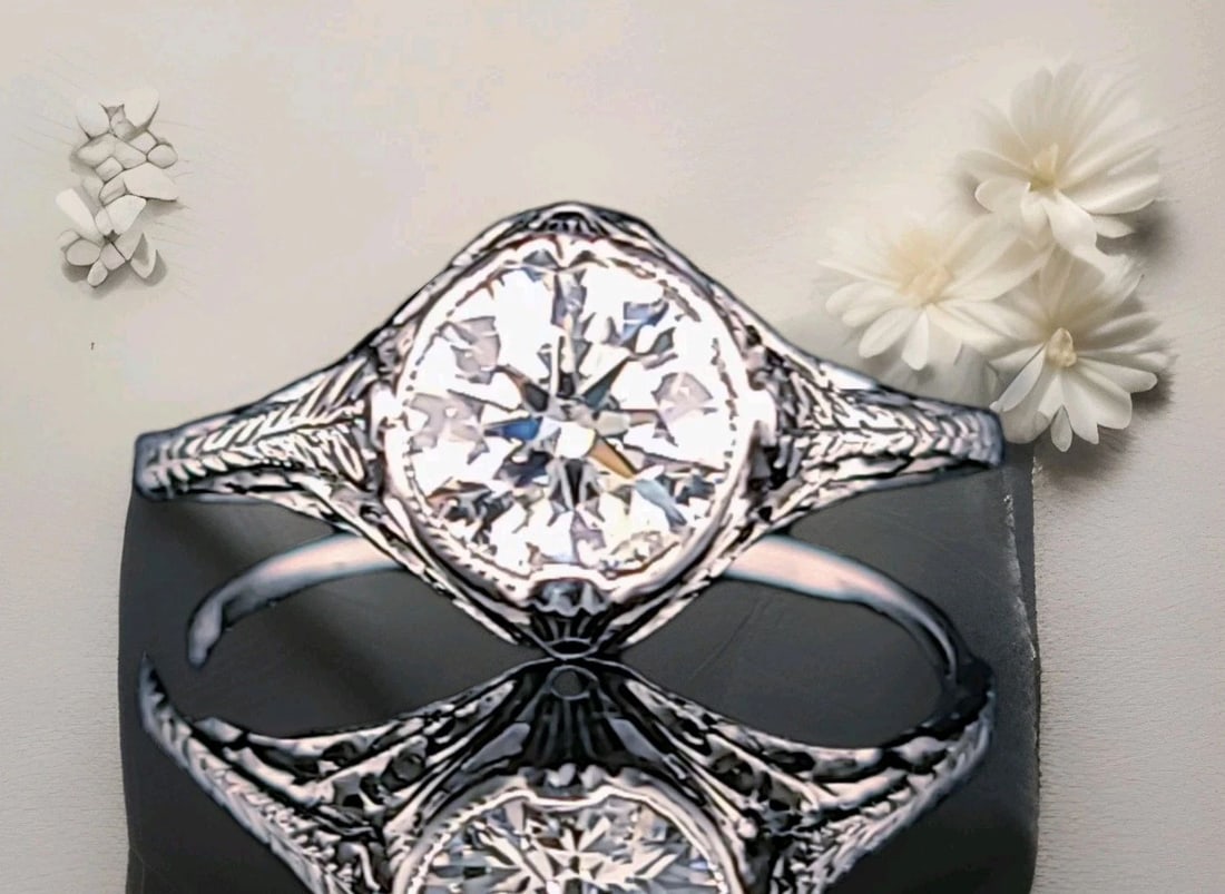 18K WHITE GOLD VINTAGE ENGAGEMENT RING 0.99CT.NATURAL ROUND DIAMOND CIRC 1930'S: 18K WHITE GOLD VINTAGE FILIGREE ENGAGEMENT RING 1.18CT. NATURAL ROUND DIAMOND Stunning Vintage Art Deco filigree natural old euro cut Diamond set 18k white gold engagement ring center natural old euro