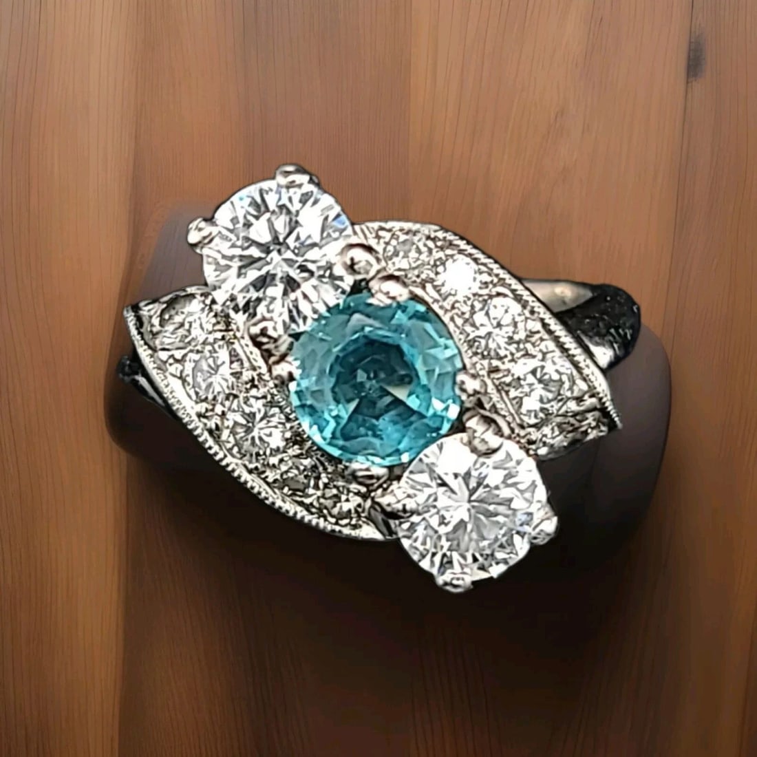 VINTAGE PLATINUM RING 2.07CT.NATURAL AQUAMARINE & DIAMOND CIRC 1930'S: VINTAGE PLATINUM RING 2.07CT.NATURAL AQUAMARINE & DIAMOND CIRC 1930'S Vintage platinum three stones ring circ 1930's CENTER natural aquamarine IN ROUND SHAPE WEIGHT 0.85CT SIZE 6.0mm CLEAN ,VERY NICE