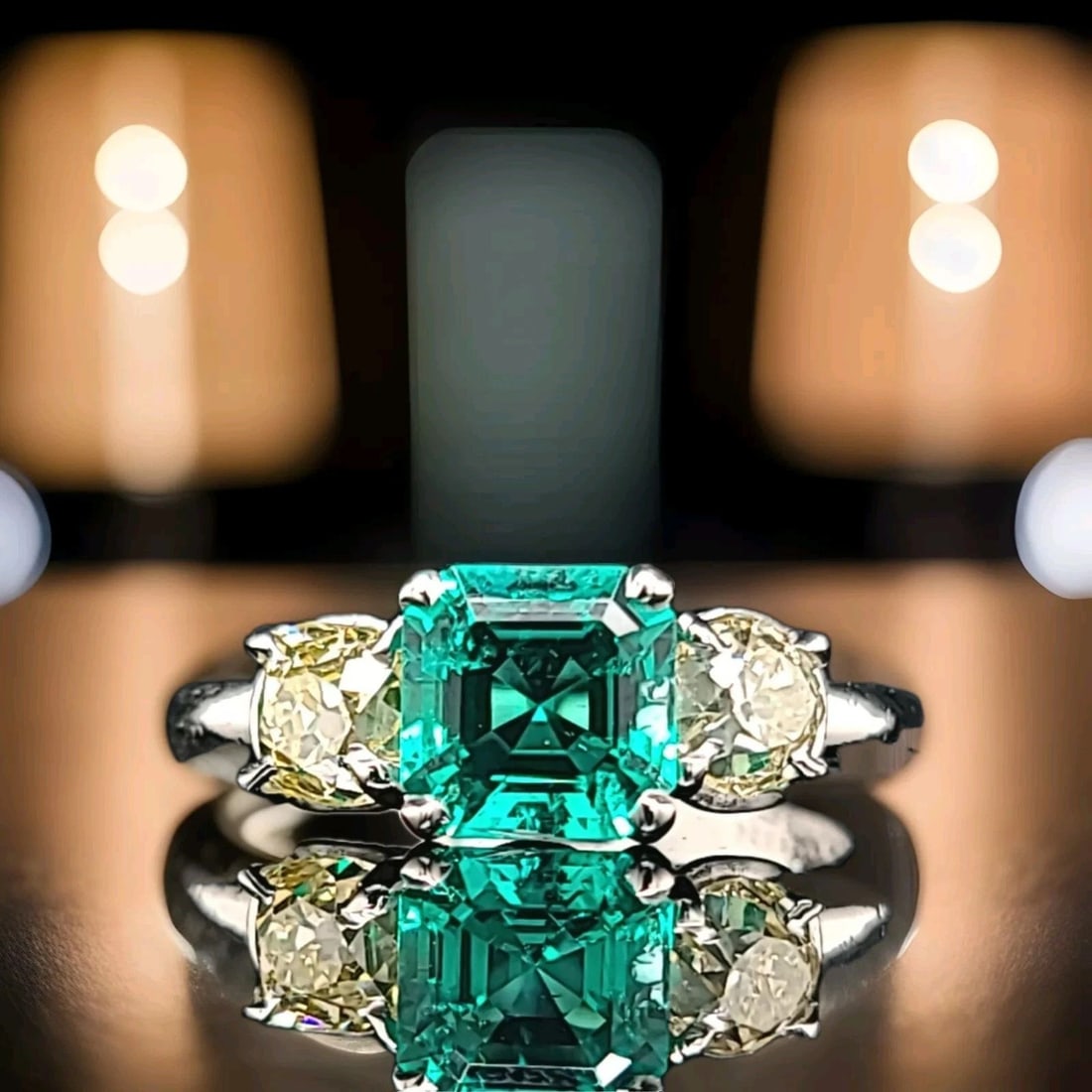 VINTAGE PLATINUM ENGAGEMENT RING 2.40CT.LAB GROWN GREEN EMERALD SQUARE SHAPE: VINTAGE PLATINUM ENGAGEMENT THREE STONES RING 2.40CT. GREEN COLOMBIAN EMERALD GORGEOUS vintage platinum engagement three stones ring gem green colombia emerald in emerald shape. Center lab grown emera