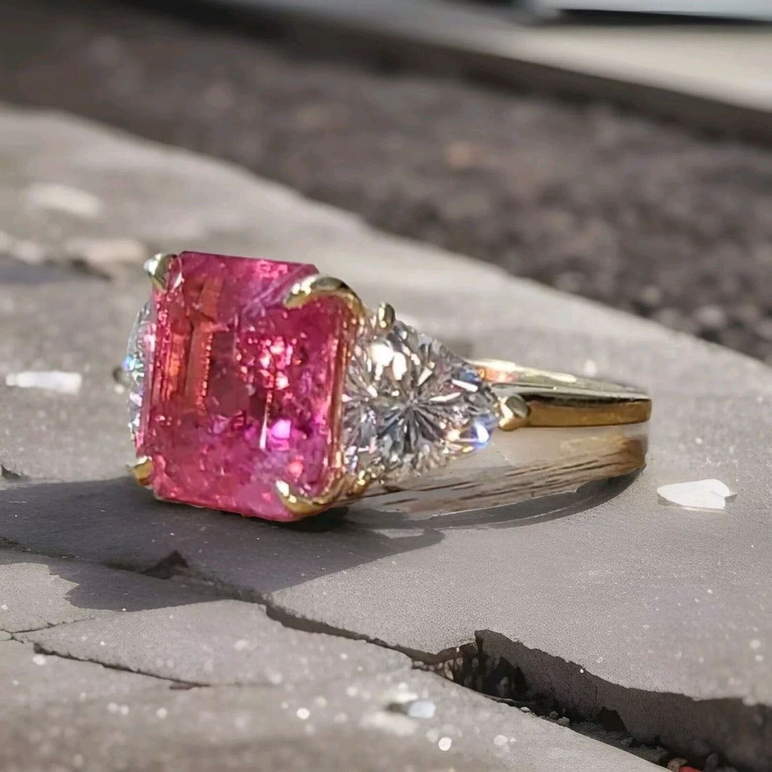 VINTAGE 14K YELLOW GOLD ENGAGEMENT RING 5.31CT. NATURAL PINK TOURMALINE: VINTAGE 14K YELLOW GOLD ENGAGEMENT RING 5.31CT. NATURAL PINK TOURMALINE This vintage 14K yellow gold engagement ring features a beautiful natural pink tourmaline stone with a total carat weight of 5.3