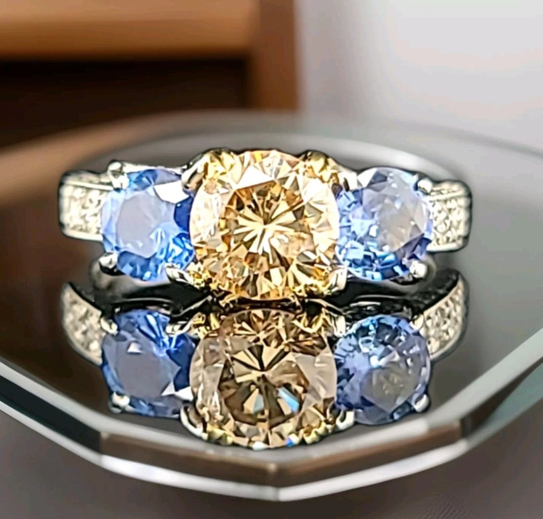 VINTAGE PLATINUM ENGAGEMENT RING 2.18CT.NATURAL CHAMPAGNE DIAMOND BLUE SAPPHIRE (1 of 2)