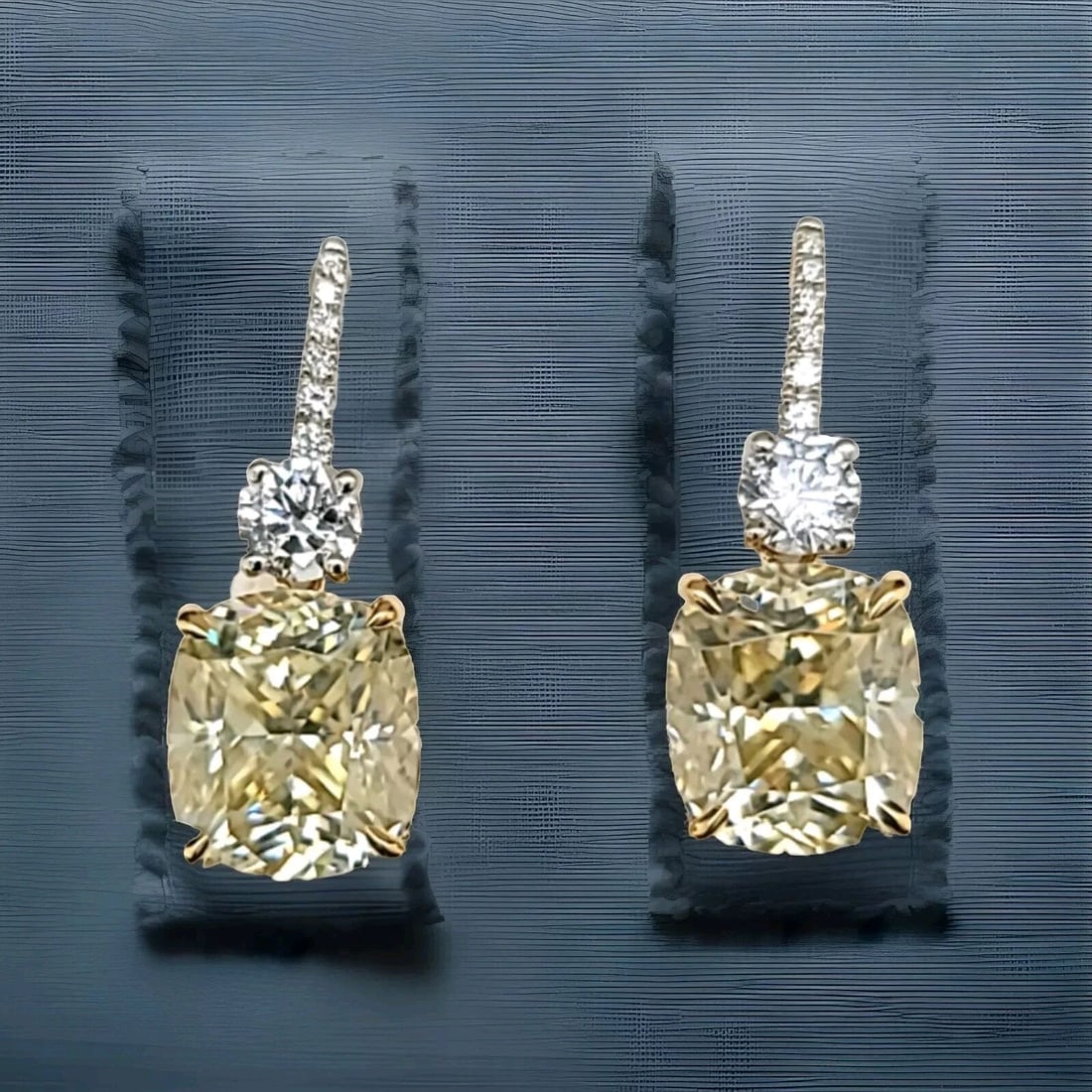 14K WHITE YELLOW GOLD LAB GROWN YELLOW DIAMOND DROP EARRINGS 12.30CT CUSHION CUT: 14K WHITE YELLOW GOLD LAB GROWN YELLOW DIAMOND DROP EARRINGS 12.30CT CUSHION CUT Gorgeous 14k white-yellow gold earrings 12.30ct total weight lab-grown yellow diamond in a cushion shape,size 11.9x10.6