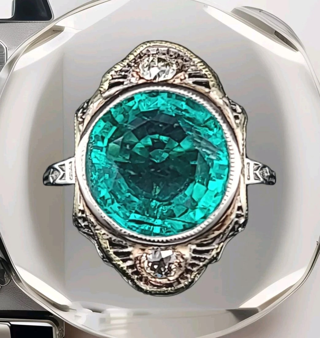 VINTAGE FILIGREE 14K WHITE GOLD RING 5.44CT.ROUND GREEN LAB GROWN EMERALD 1920'S (1 of 2)