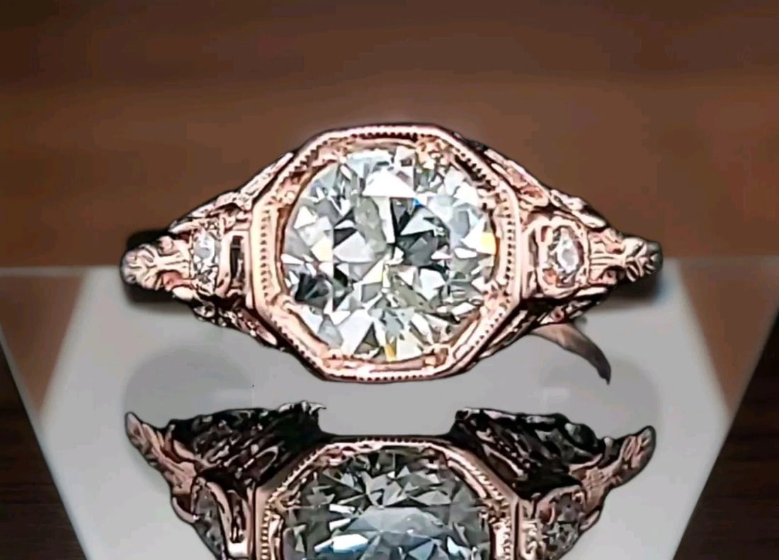 14K ROSE GOLD VINTAGE FILIGREE ENGAGEMENT RING 1.48CT.NATURAL ROUND CUT DIAMOND: 14K ROSE GOLD VINTAGE FILIGREE ENGAGEMENT RING 1.48CT.NATURAL ROUND CUT DIAMOND Gorgeous 14k rose gold Vintage Art Deco filigree Engagement Natural round diamond ring, circ 1930's center natural round