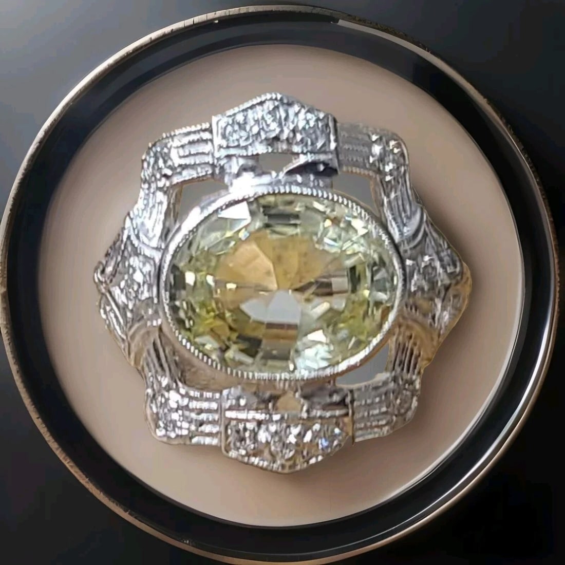 VINTAGE FILIGREE PLATINUM RING 4.52CT. NATURAL YELLOW SAPPHIRE OVAL CUT GIA CERT: VINTAGE FILIGREE PLATINUM RING 4.52CT. NATURAL YELLOW SAPPHIRE OVAL CUT GIA CERT Adorn yourself with this timeless Vintage Filigree Platinum Ring featuring a 4.52ct. natural yellow sapphire oval cut s
