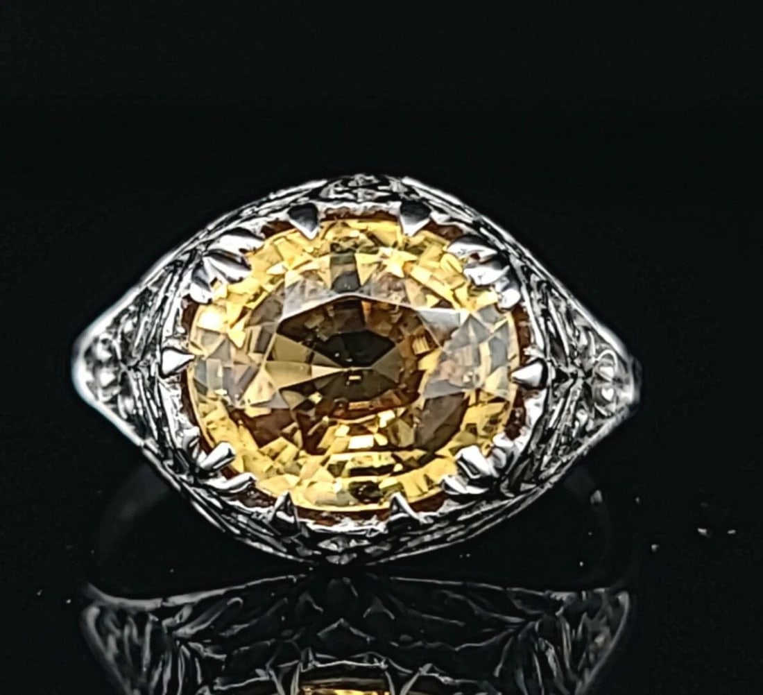 14K WHITE GOLD VINTAGE FILIGREE ENGAGEMENT RING 5.70CT. GEM YELLOW SAPPHIRE: 14K WHITE GOLD VINTAGE FILIGREE ENGAGEMENT RING 5.70CT. GEM YELLOW SAPPHIRE Gorgeous Vintage Art Deco OVAL CUT GEM yellow sapphire 14K white gold ring center natural heated yellow sapphire weight 5.70