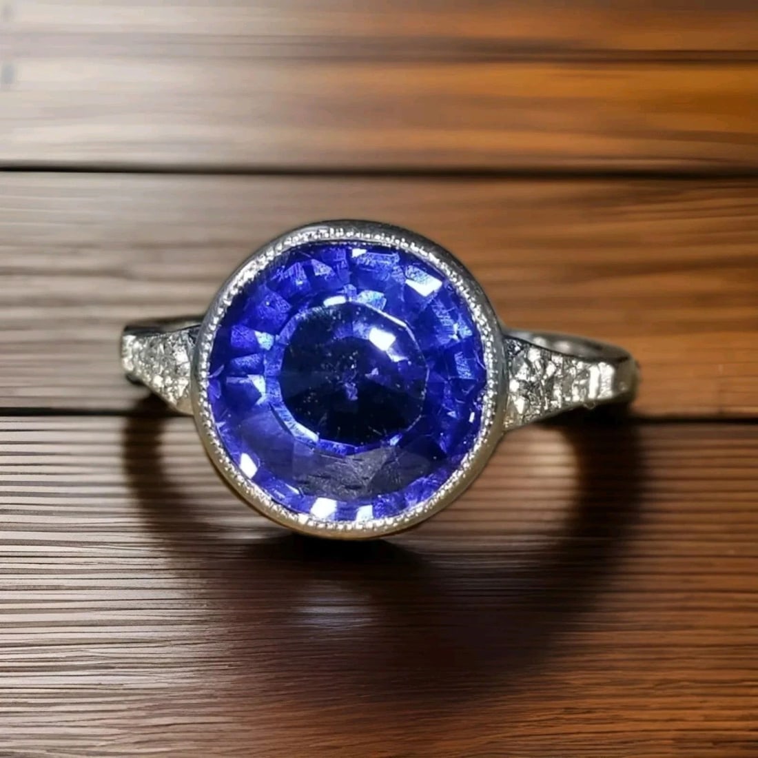 VINTAGE PLATINUM ENGAGEMENT RING 4.51CT.LAB GROWN BLUE SAPPHIRE ROUND SHAPE (1 of 2)