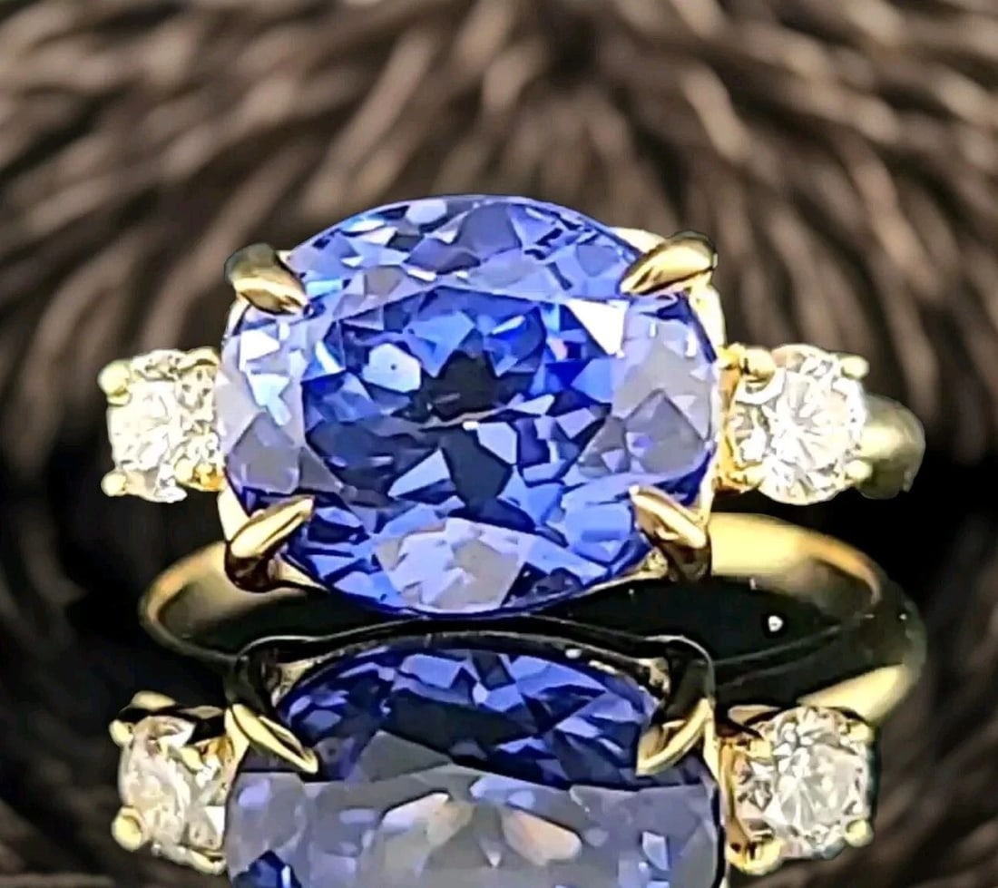 14K YELLOW GOLD ENGAGEMENT RING 6.18CT. LAB GROWN BLUE SAPPHIRE OVAL SHAPE (1 of 2)