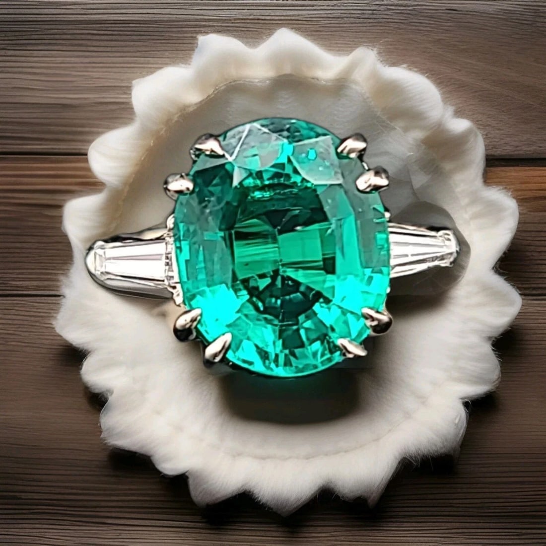 VINTAGE 14K WHITE GOLD ENGAGEMENT RING 4.38CT.LAB-GROWN GREEN EMERALD OVAL SHAPE: VINTAGE 14K WHITE GOLD ENGAGEMENT RING 4.38CT. LAB CREATED GREEN OVAL SHAPE GORGEOUS Vintage 14K WHITE GOLD gem green lab-grown emerald in oval shape center weight 4.38ct. size 12x10mm very nice rich