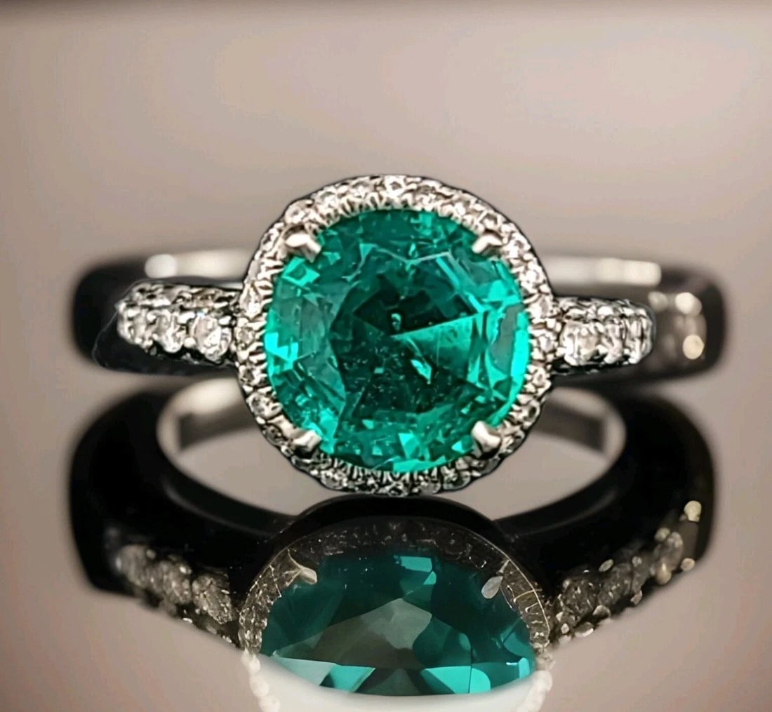 PLATINUM ENGAGEMENT DIAMOND RING 3.83CT. LAB GROWN GREEN EMERALD ROUND SHAPE (1 of 2)