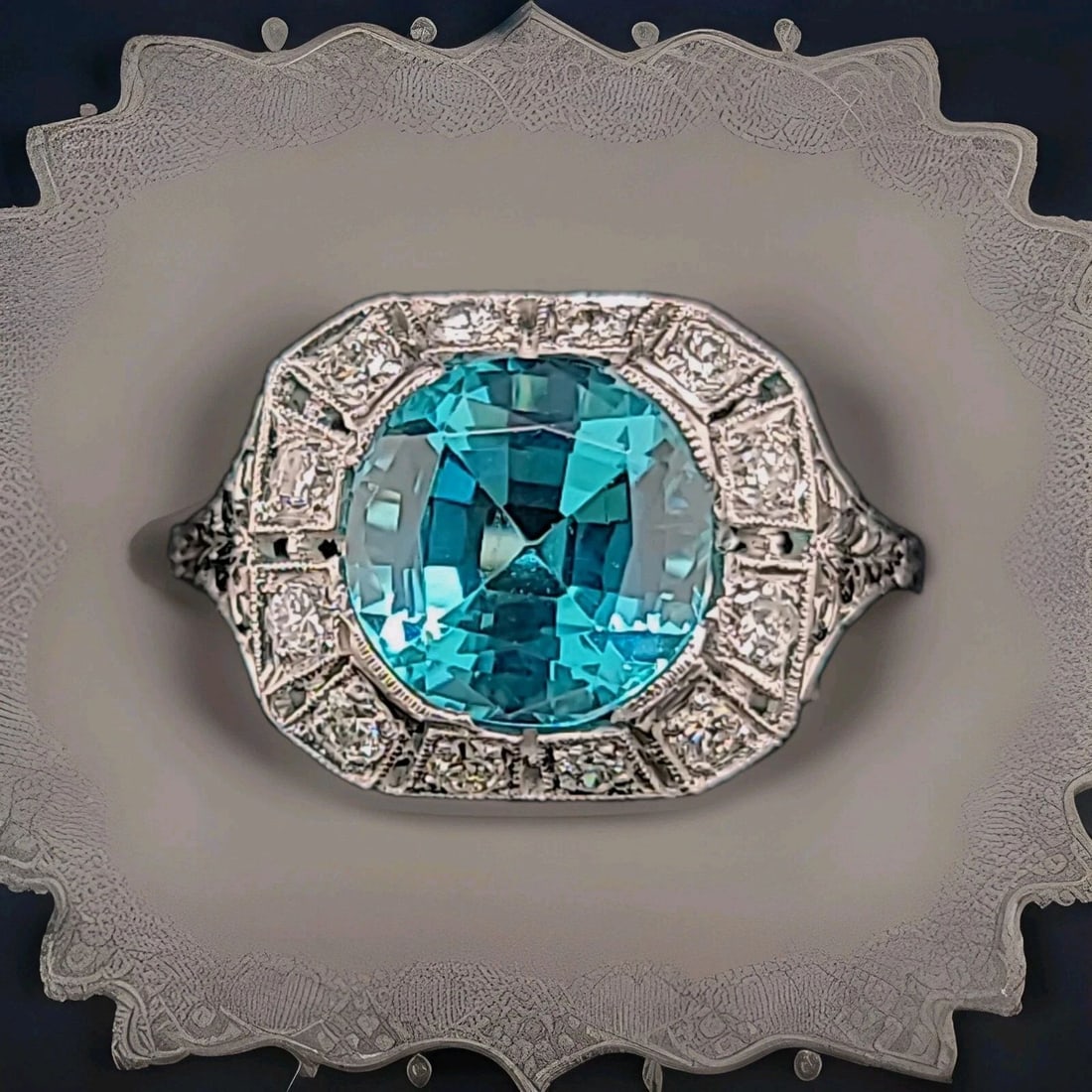 VINTAGE PLATINUM FILIGREE RING 3.34CT.LAB-GROWN PARAIBA TOURMALINE ROUND SHAPE: VINTAGE PLATINUM FILIGREE RING 3.34CT.LAB-GROWN PARAIBA TOURMALINE ROUND SHAPE This Vintage Platinum Filigree ring features a 3.34CT lab-grown Paraiba Tourmaline in a round shape, surrounded by diamon