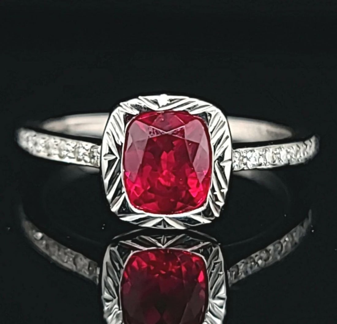 14K WHITE GOLD ENGAGEMENT RING 1.28CT. NATURAL UNHEATED RUBY CUSHION GIA CERT (1 of 2)