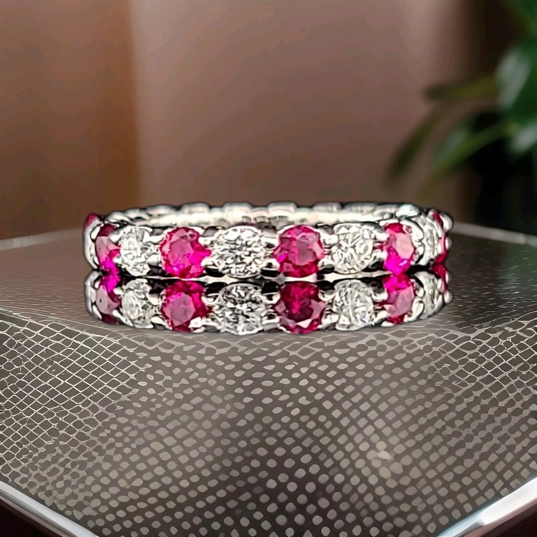PLATINUM VINTAGE ETERNITY RING 3.12CT. ROUND RUBY LAB GROWN ROUND DIAMOND (1 of 2)
