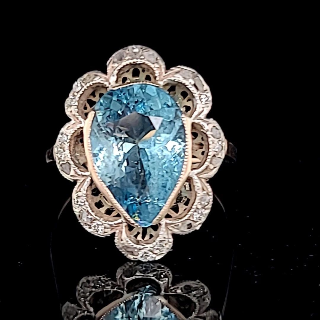4.03CT. GEORGIAN AQUAMARINE RING NATURAL DIAMOND 14K ROSE GOLD & SILVER 1800'S (1 of 2)