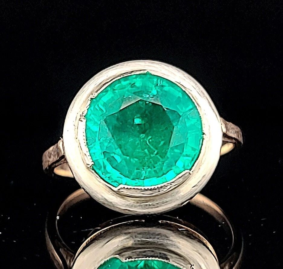 4.98CT. GREEN ROUND EMERALD RING 14K ROSE GOLD & SILVER GEORGIA CIRC 1800'S (1 of 2)