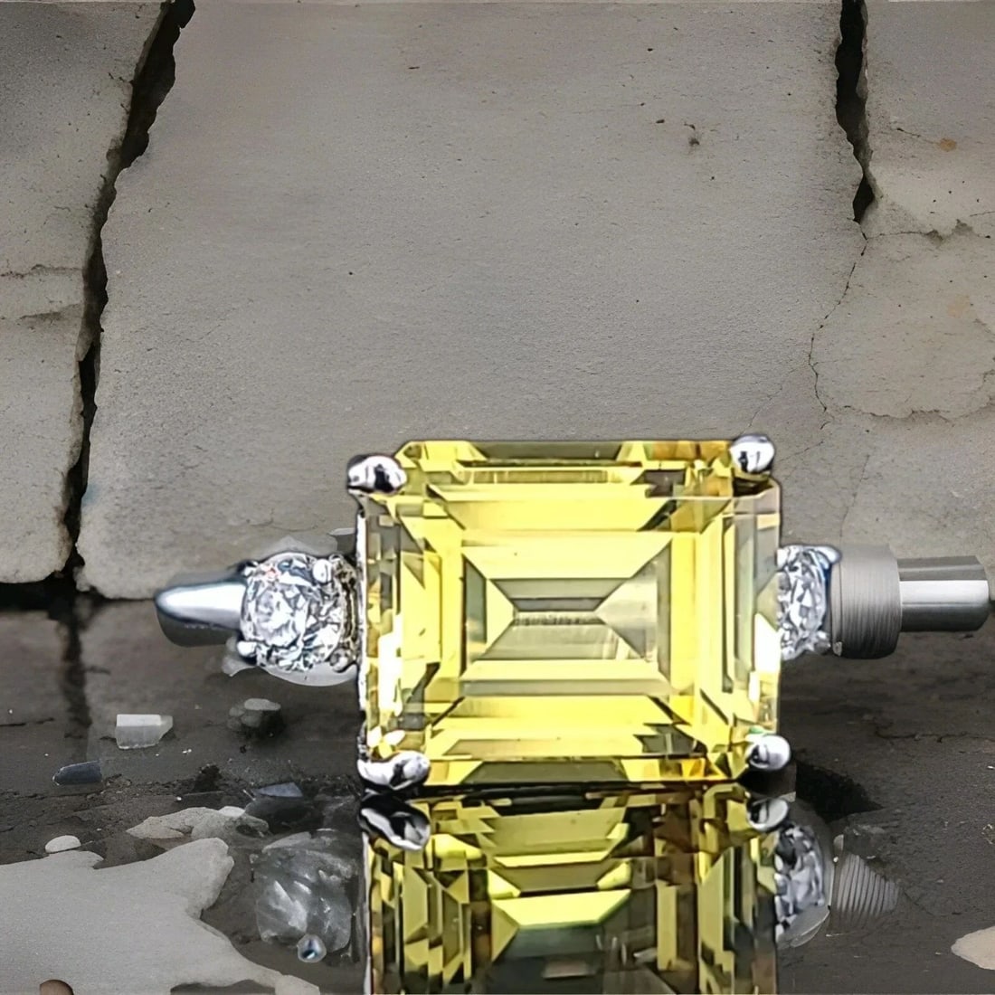 VINTAGE 14K WHITE GOLD ENGAGEMENT RING 6.02CT.LAB GROWN YELLOW VIVID SAPPHIRE: VINTAGE 14K WHITE GOLD ENGAGEMENT RING 6.02CT. YELLOW SAPPHIRE EMERALD SHAPE Gorgeous vintage 14k white gold engagement ring gem lab-grown yellow sapphire in an emerald shape Center set yellow sapphir