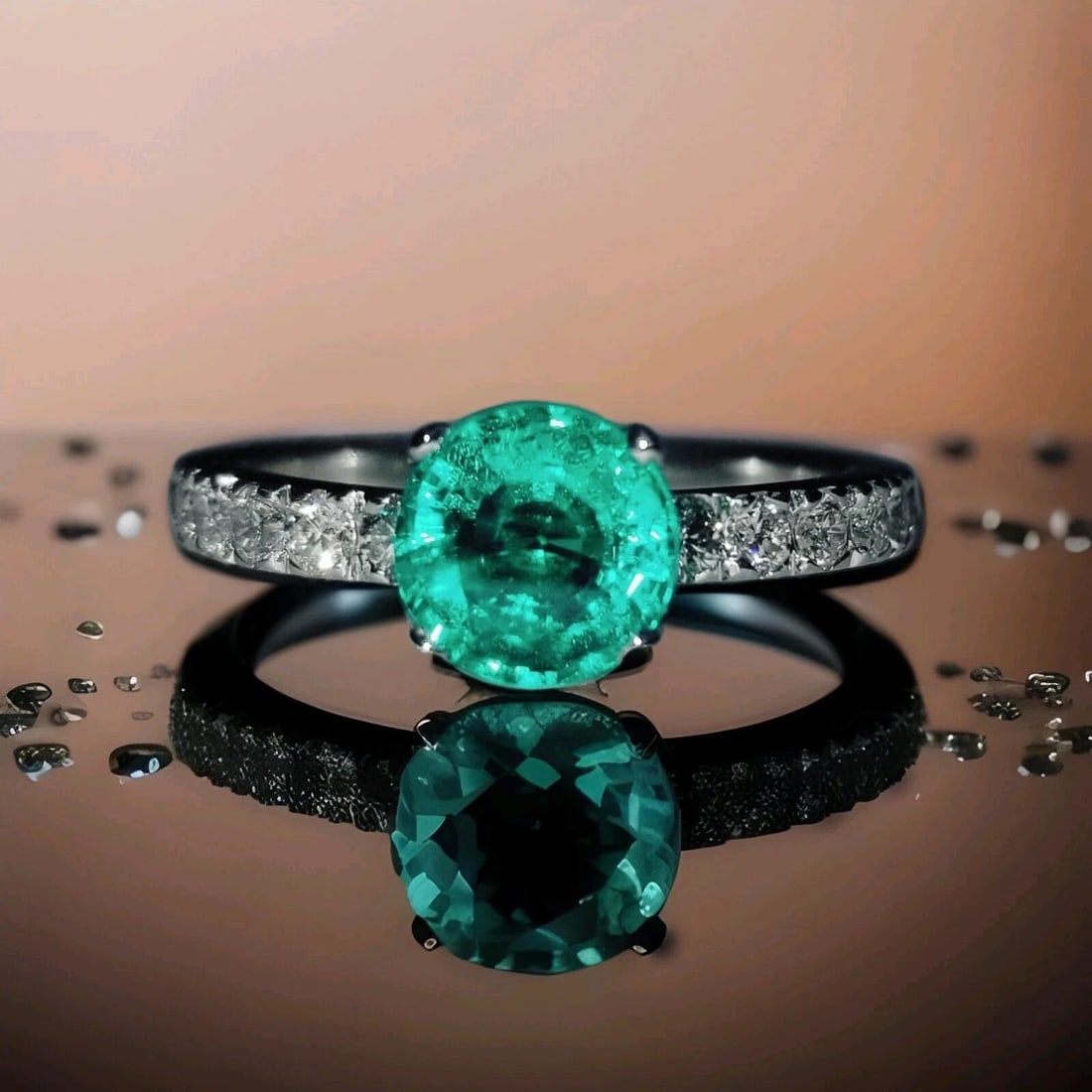 14K WHITE GOLD ENGAGEMENT RING 1.37CT. GEM ROUND GREEN EMERALD: 14K WHITE GOLD ENGAGEMENT RING 1.37CT. GEM ROUND GREEN EMERALD GORGEOUS 14K white GOLD engagement ring Natural green emerald in round shape center weight 1.37ct. size 7.1mm very nice medium dark green