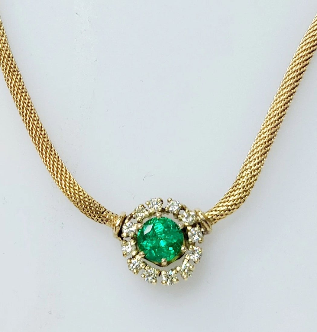 VINTAGE 14K YELLOW GOLD NECKLACE 1.25CT NATURAL GREEN ROUND EMERALD (1 of 2)