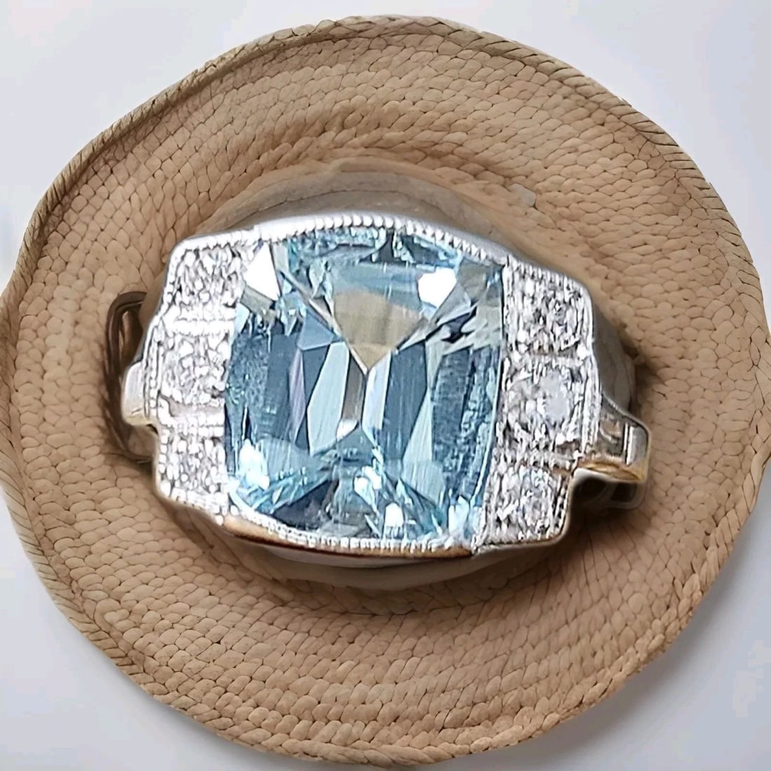 VINTAGE PLATINUM ENGAGEMENT RING 3.39CT. NATURAL SKY BLUE AQUAMARINE CUSHION CUT: VINTAGE PLATINUM ENGAGEMENT RING 3.39CT. NATURAL SKY BLUE AQUAMARINE CUSHION CUT Gorgeous Vintage platinum ring set with magnificent natural aquamarine center natural aquamarine in cushion shape nice