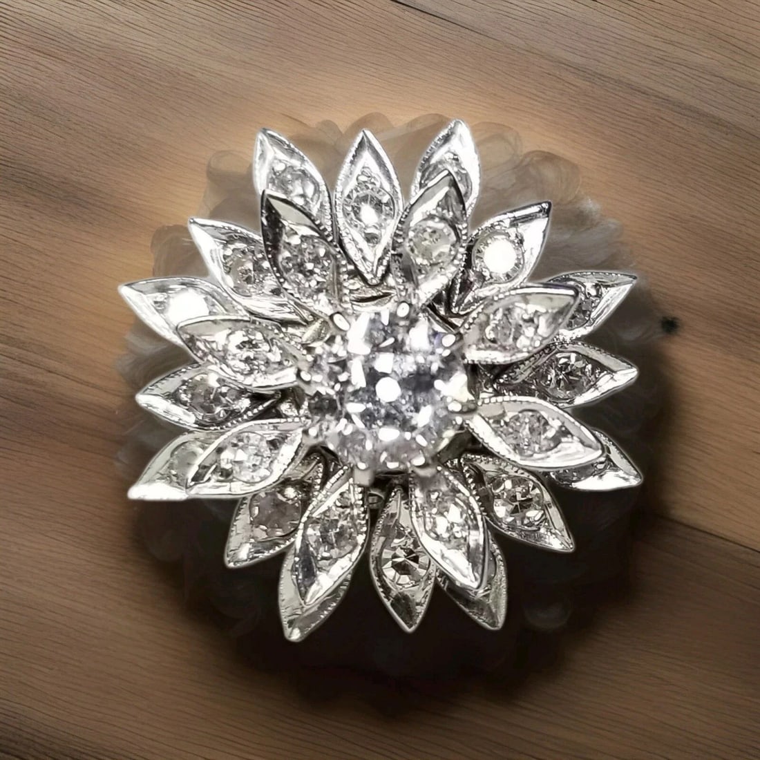 14K WHITE GOLD VINTAGE NATURAL ROUND OLD MINE CUT DIAMOND RING 0.62CT SI2: 14K WHITE GOLD VINTAGE NATURAL ROUND OLD MINE CUT DIAMOND RING 0.62CT SI2 Vintage 14k white gold flower ring center natural round shape old mine cut diamond weight 0.62ct. size 5.2mm SI2-H COLOR clean