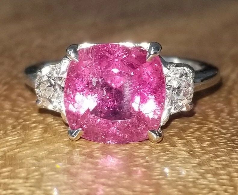 VINTAGE 14K WHITE GOLD ENGAGEMENT RING 2.79CT.NATURAL PINK TOURMALINE CUSHION (1 of 2)